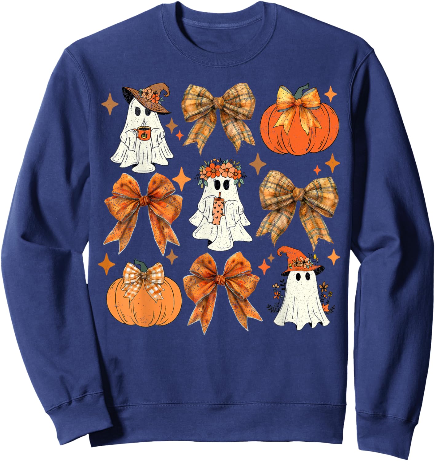 Funny Halloween Fall Coquette Bow Pumpkin Cute Ghost Costume Sweatshirt - Sweatshirt | Navy