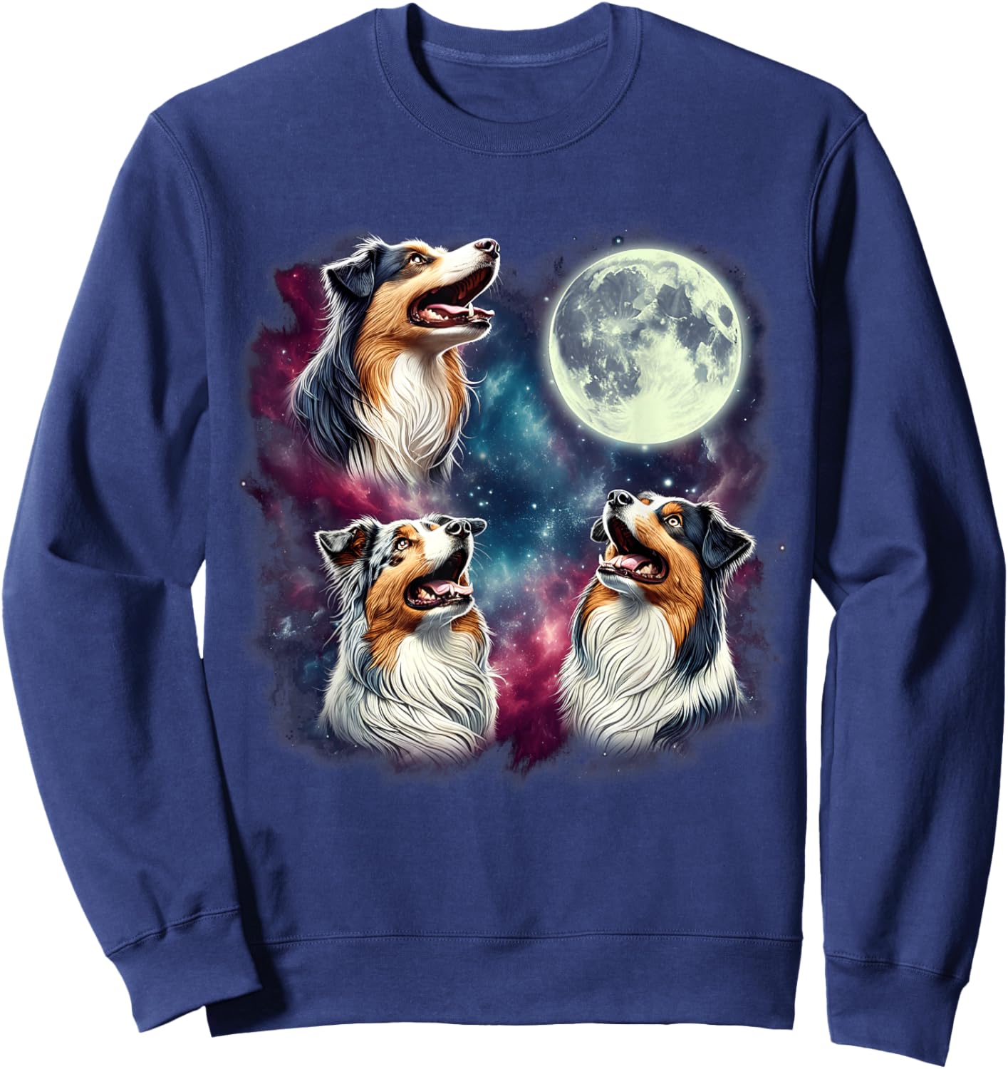 Three Australian Shepherds Howling at Moon Funny Weird Meme Sweatshirt - Sweatshirt | Navy