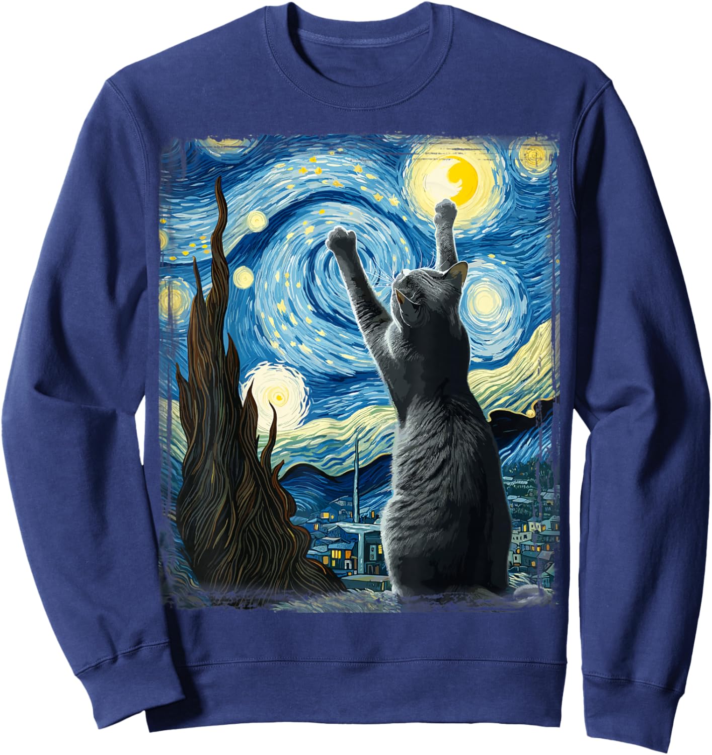 Van Gogh Starry Night Style Artistic Russian Blue Cat Sweatshirt - Sweatshirt | Navy