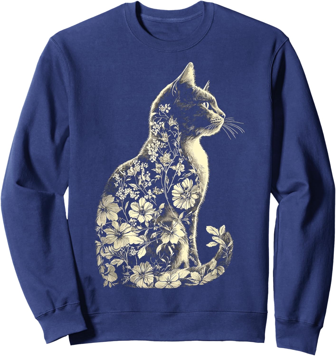 Chat Fleurs Abstrait Illustration Motif Animal Print Art Chat Sweatshirt - Sweatshirt | Navy