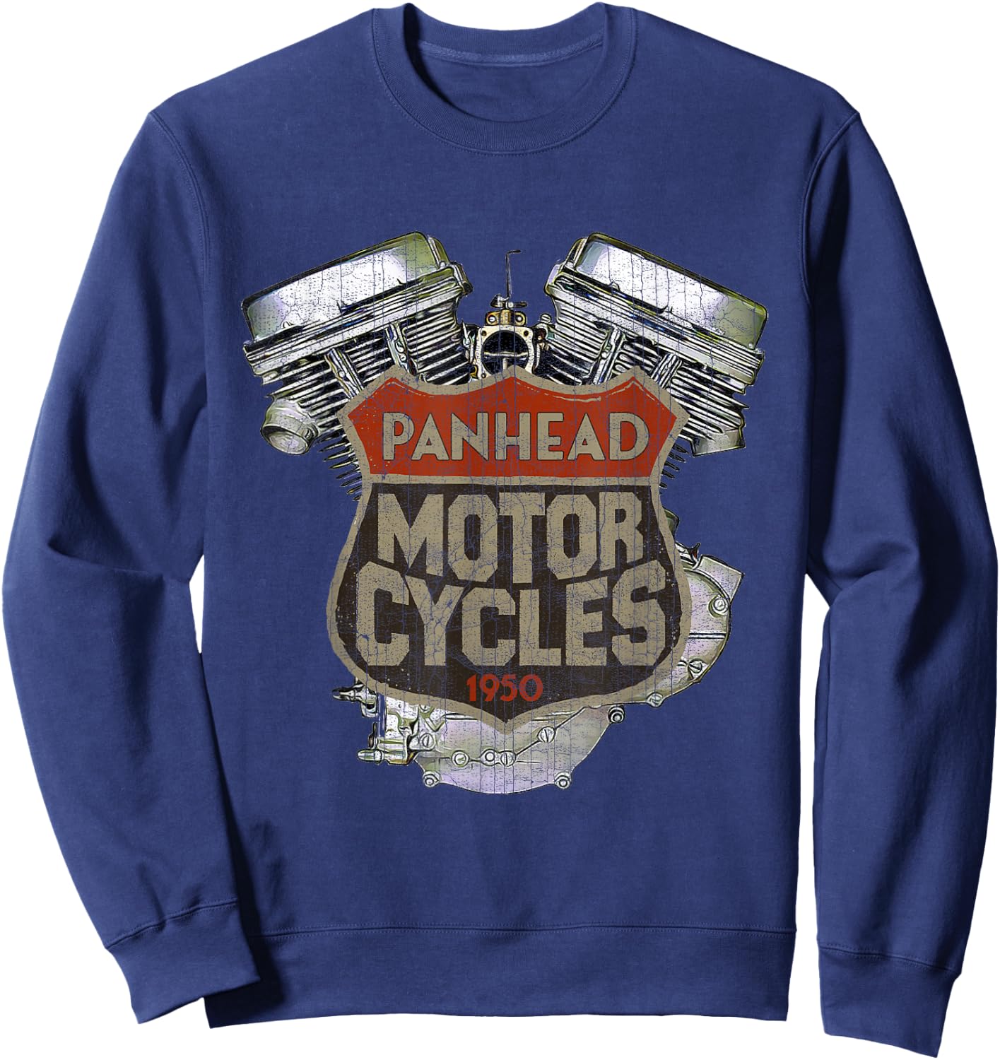 1950 Panhead Motorcycle Vintage Distressed Biker Chopper Rat Sweatshirt - Sweatshirt | Navy