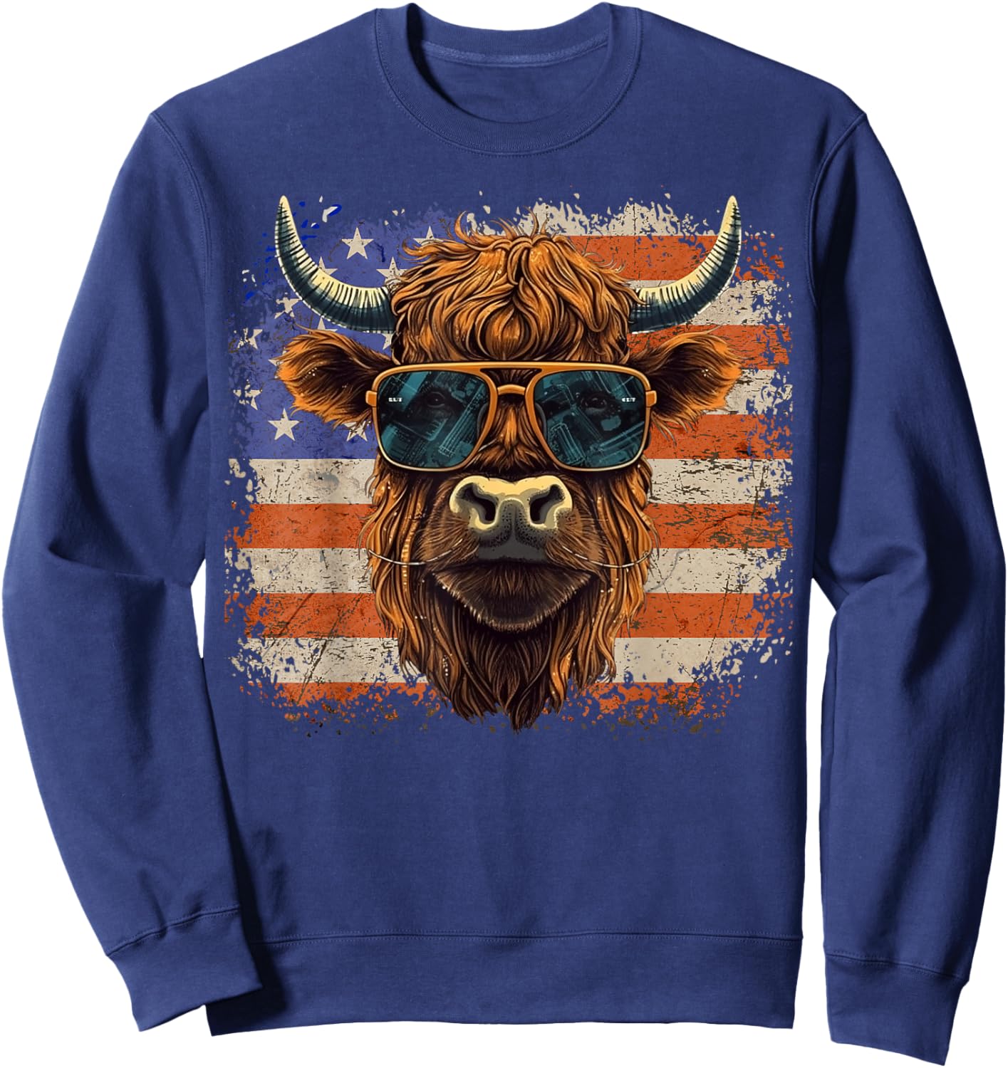 American Flag, Highland Cow-Fourth of July, Cow Lover Cool Sweatshirt - Sweatshirt | Navy