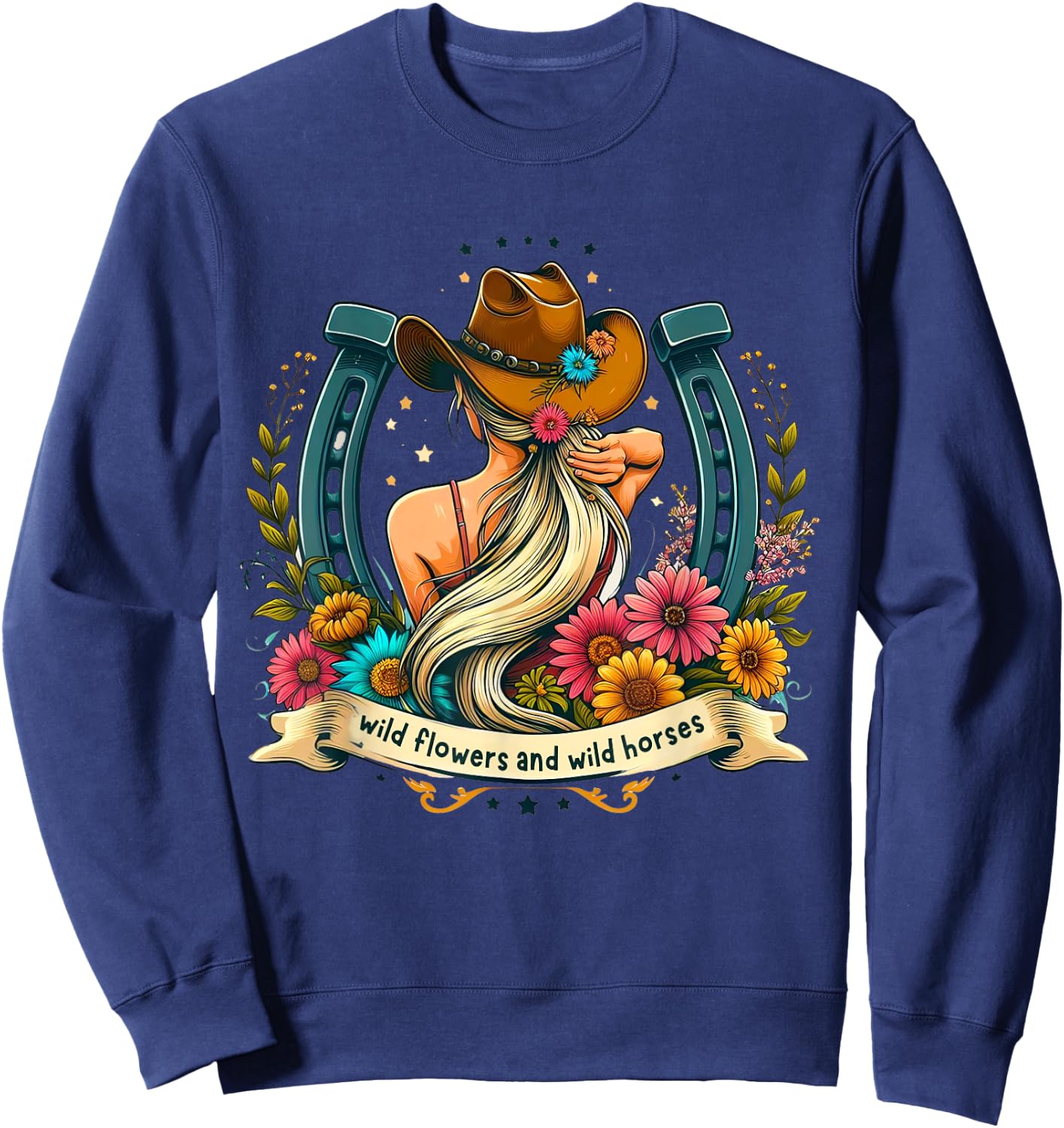 Retro Southern Sunset Cowgirl Wild Flowers - Wild Horses Sweatshirt - Sweatshirt | Navy