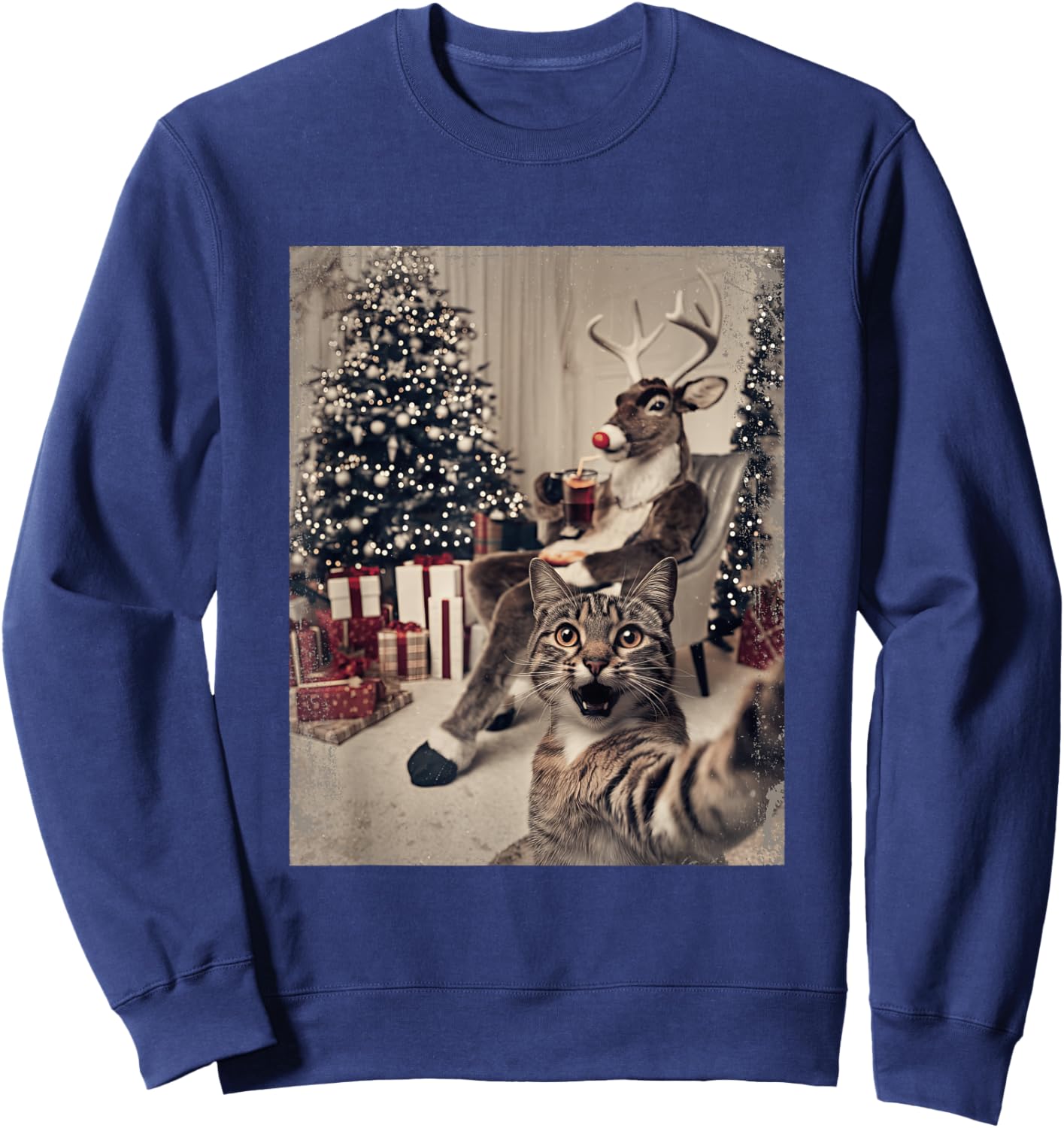 Funny Xmas Cat Selfie Reindeer Ugly Sweater Christmas Outfit Sweatshirt - Sweatshirt | Navy