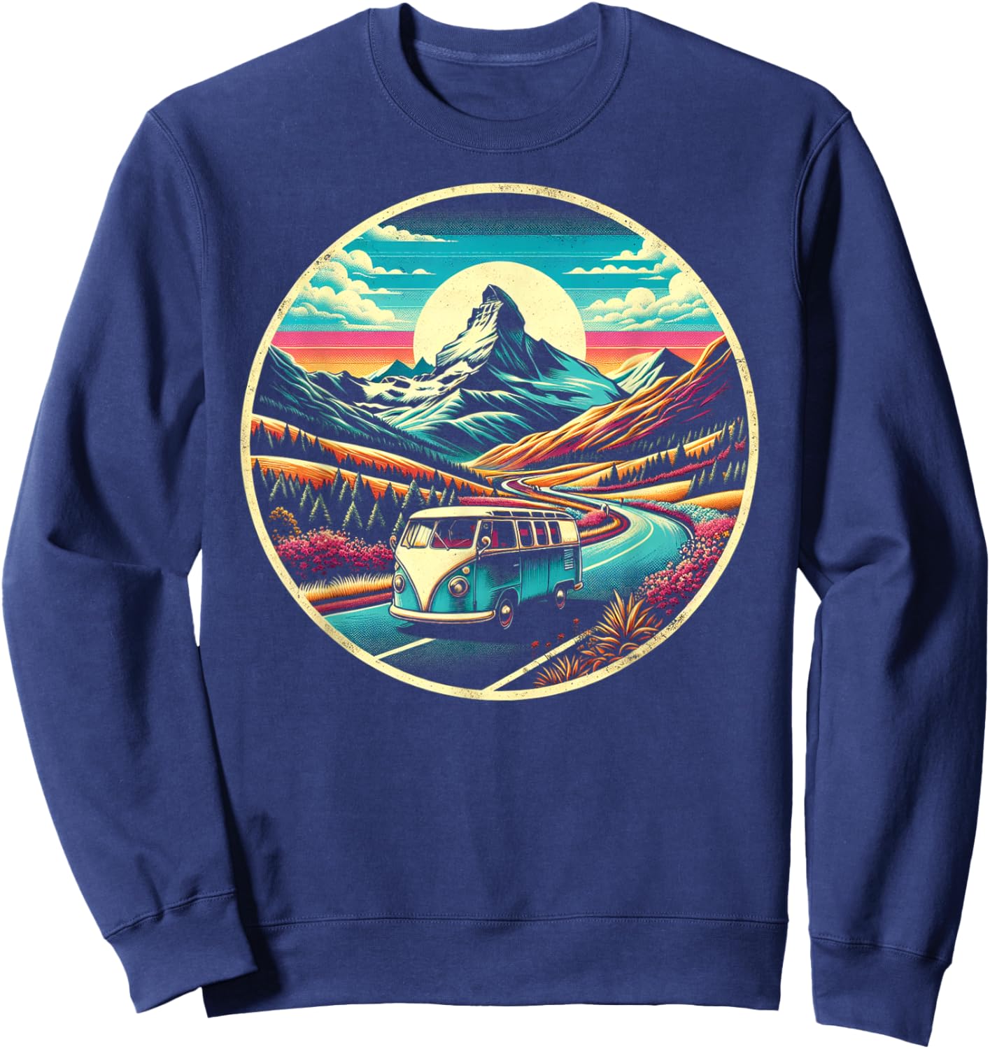 Scenic Routes Classic Van Road Trip Graphic - -Adults, Kids - Black - Small - Short Sleeve Sweatshirt - Sweatshirt | Navy