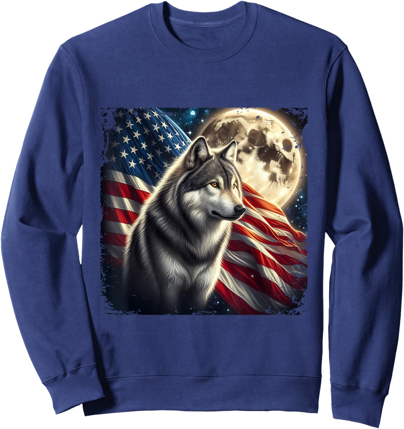 Wolf 4th of July American Flag Alpha Wolf Under Moon Sweatshirt - Sweatshirt | Navy