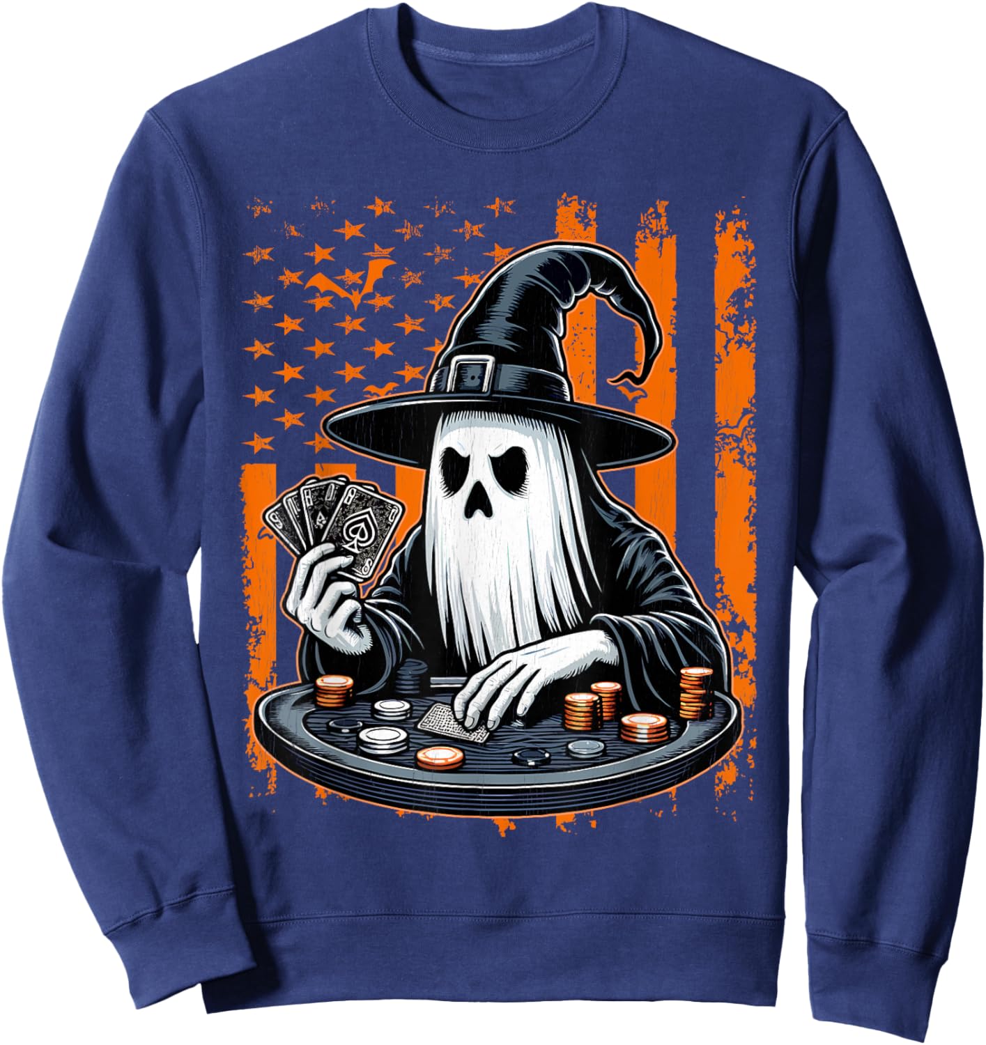 Poker Ghost Halloween Scary Costume Poker Player USA Flag Sweatshirt - Sweatshirt | Navy