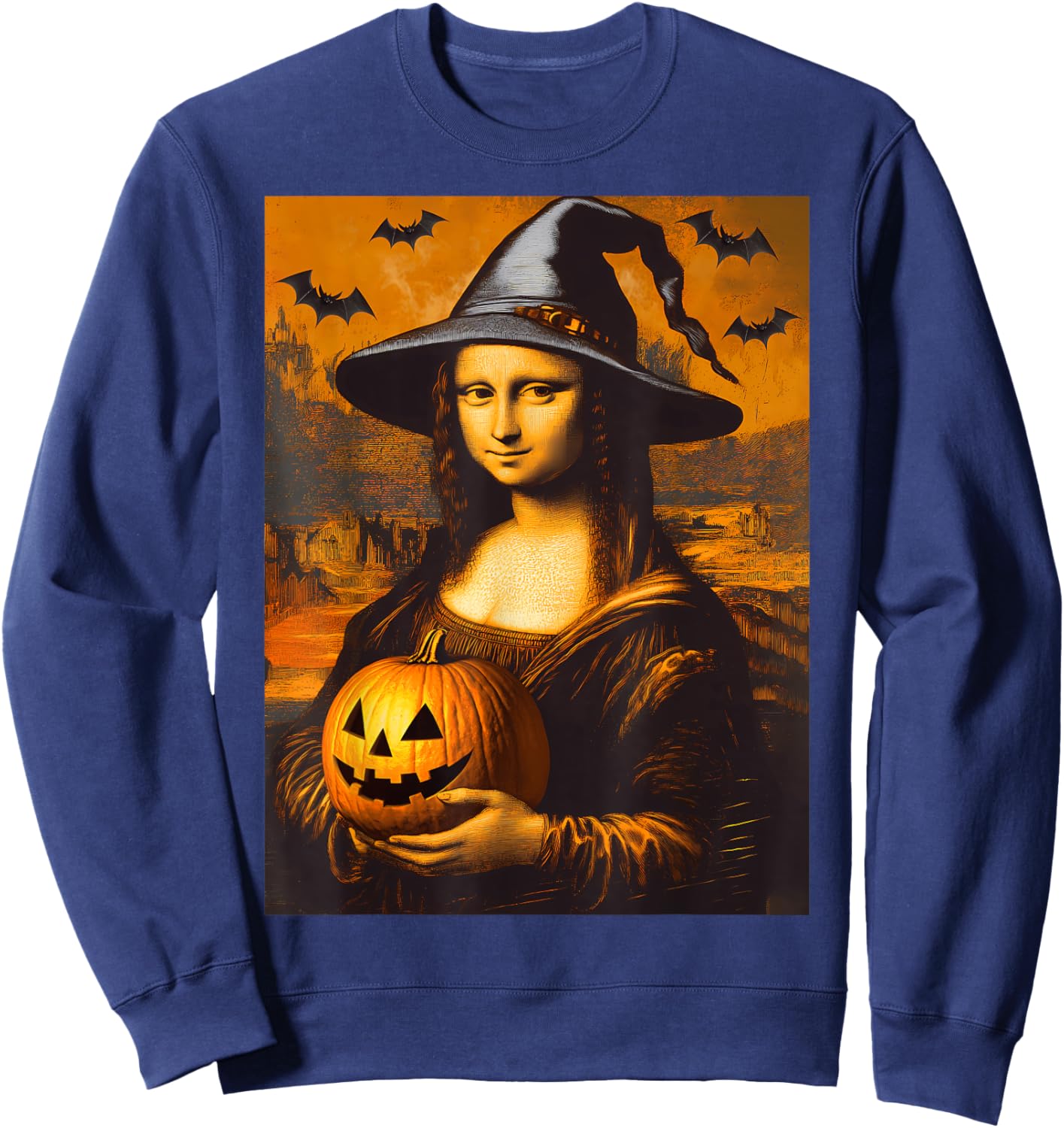 Scary Halloween Horror Mona Lisa Art Spooky Pumpkin Painting Sweatshirt - Sweatshirt | Navy