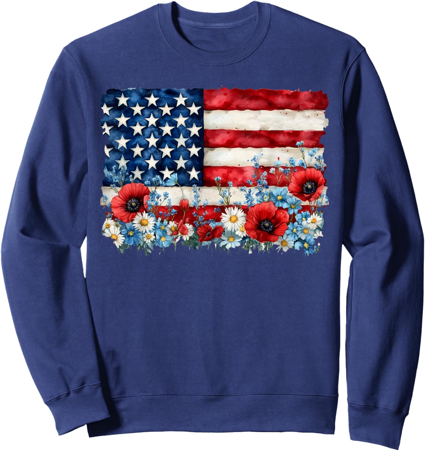 Retro Flower American Flag Women 4th Of July Patriotic Sweatshirt - Sweatshirt | Navy