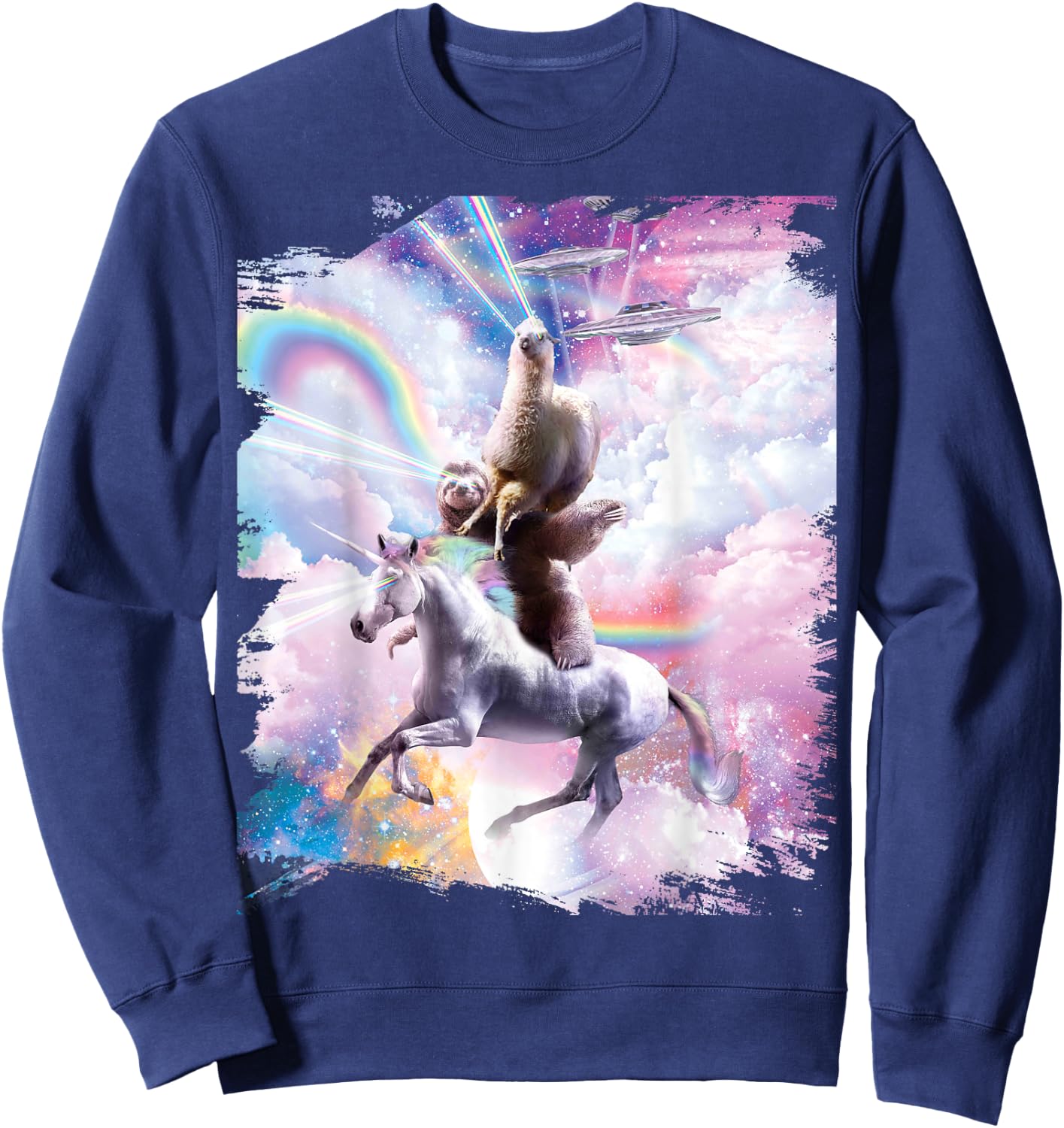 Laser Eyes Space Llama on Sloth Unicorn - Rainbow Sweatshirt - Sweatshirt | Navy