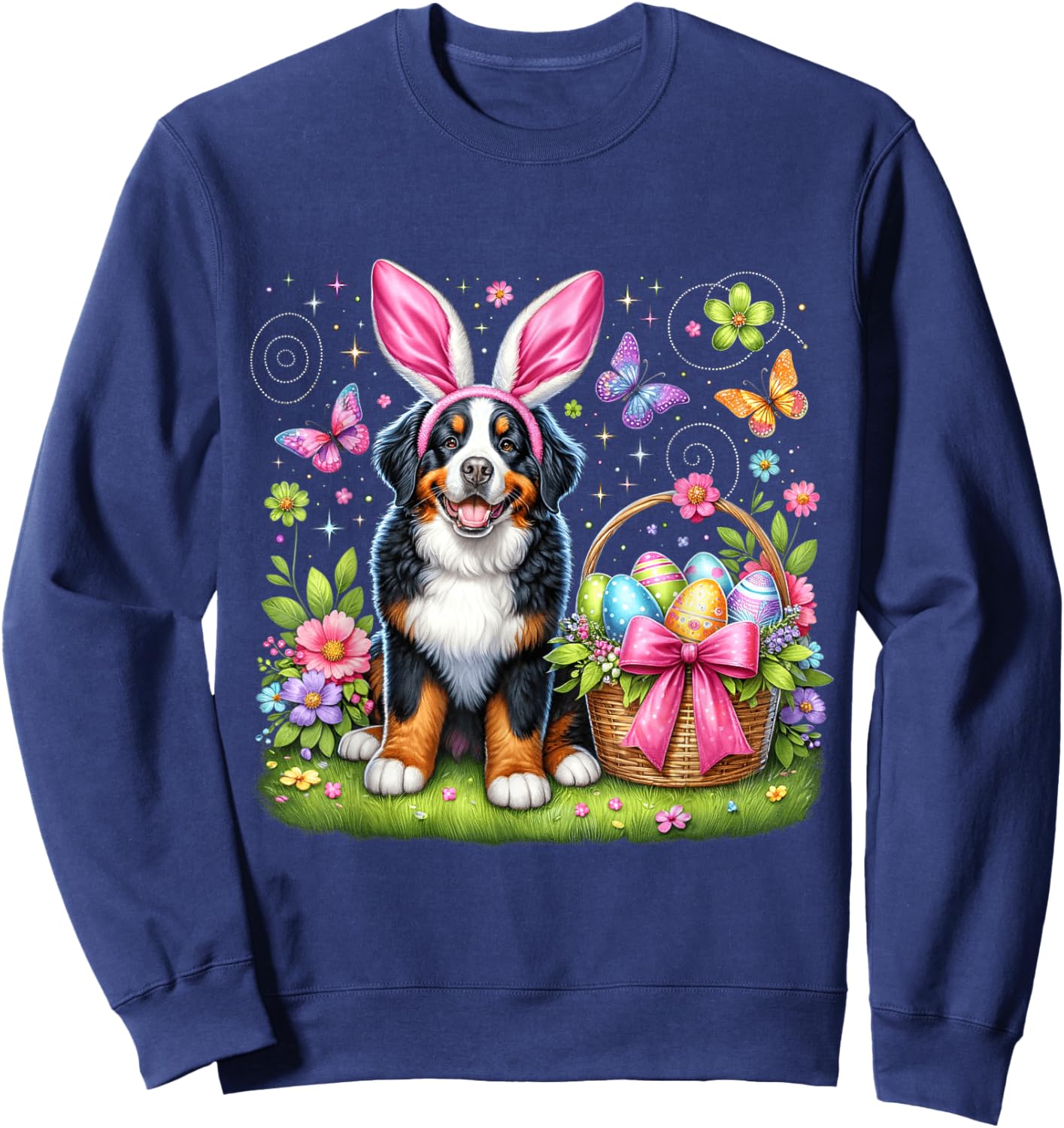 Cute Bunny Bernese Mountain Dog Dog Easter Eggs Basket Party Sweatshirt - Sweatshirt | Navy