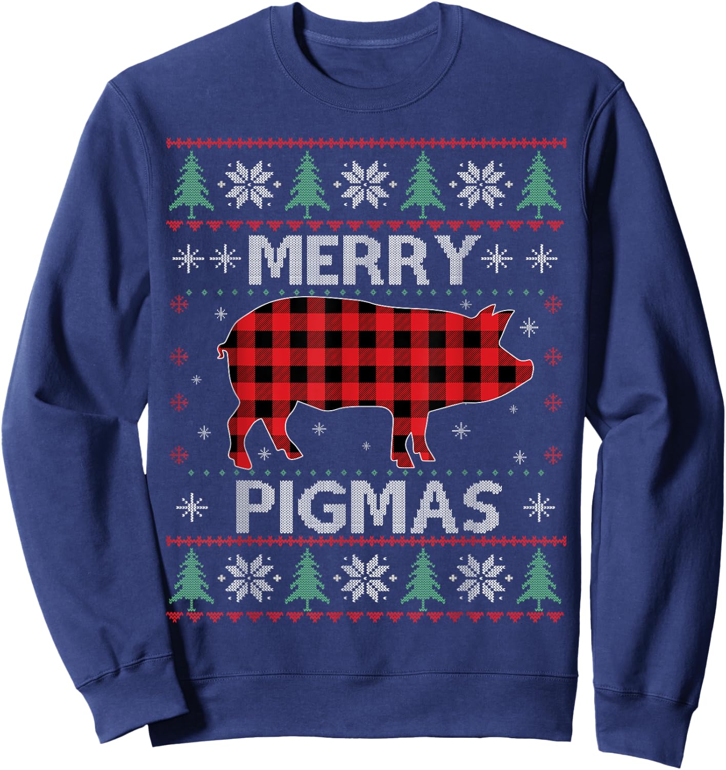 Merry Pigmas Pig Red Plaid Ugly Sweater Xmas Funny Sweatshirt - Sweatshirt | Navy