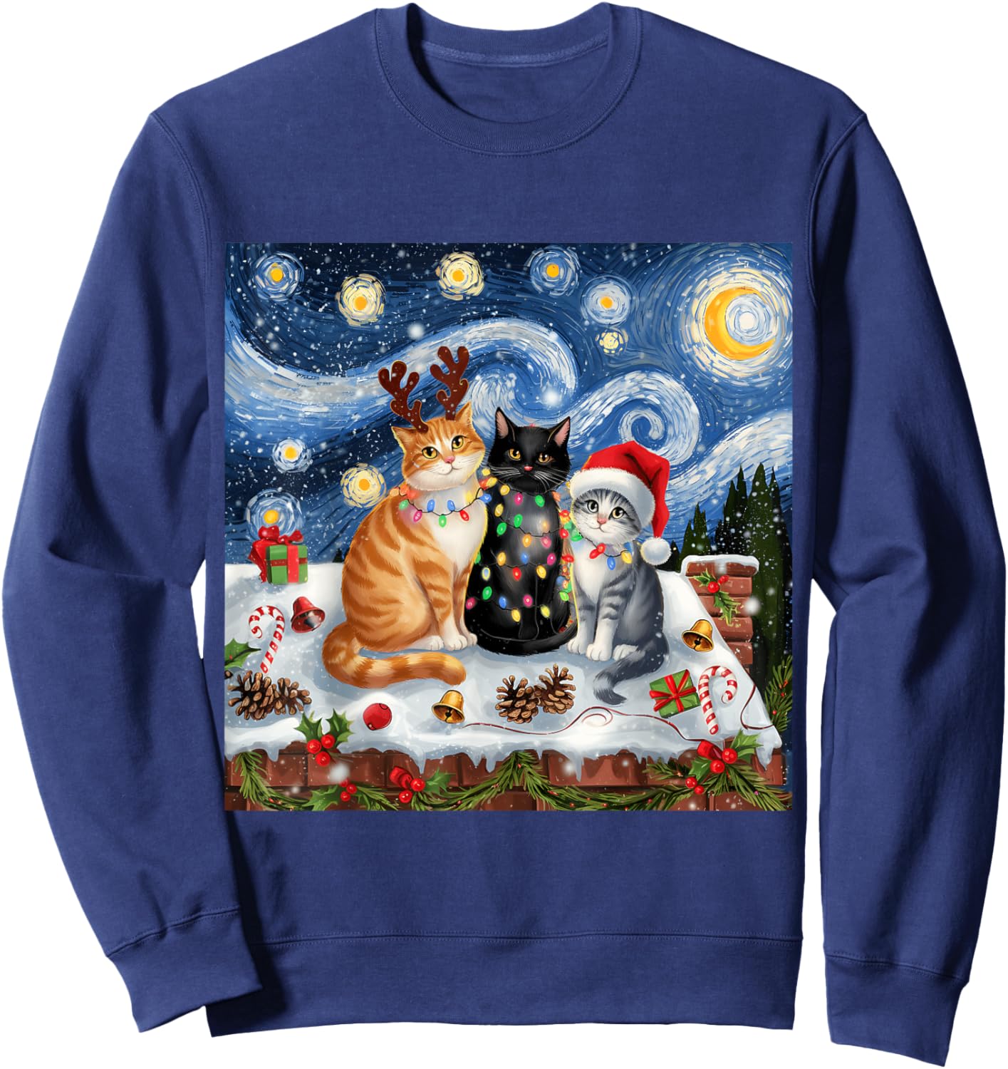 Christmas Van Gogh Starry Night Black Cat Santa Funny Xmas Sweatshirt - Sweatshirt | Navy