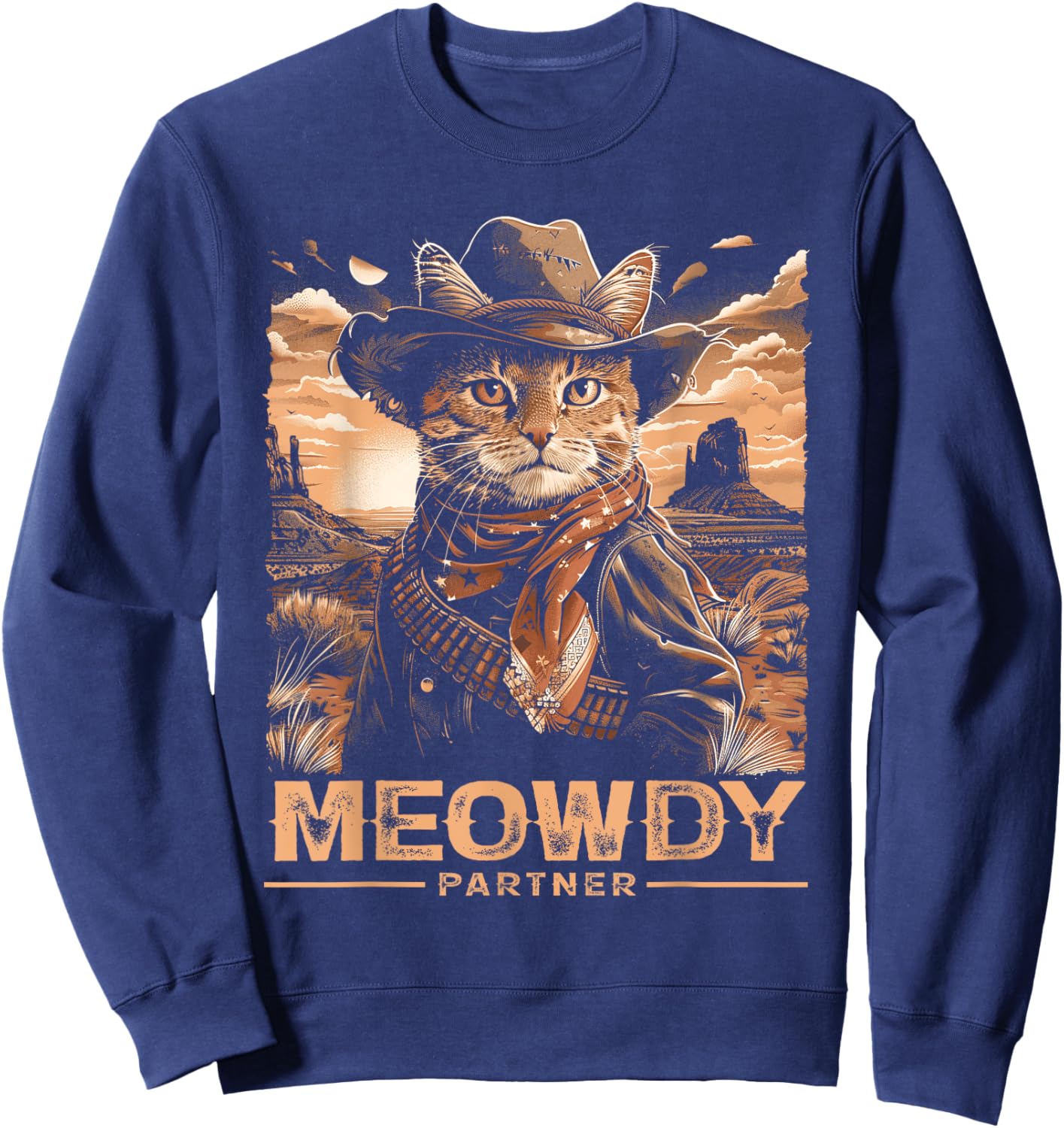 Classic Art Meowdy Country Cats Cowboy Hat Western Kitten Sweatshirt - Sweatshirt | Navy