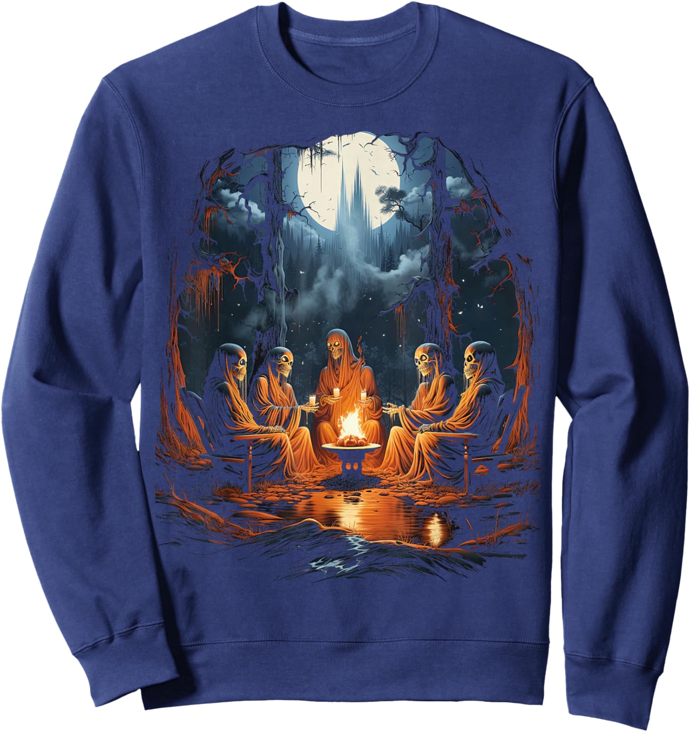 Vintage Ghost and Skeleton by Fire Camping Gothic Halloween Sweatshirt - Sweatshirt | Navy