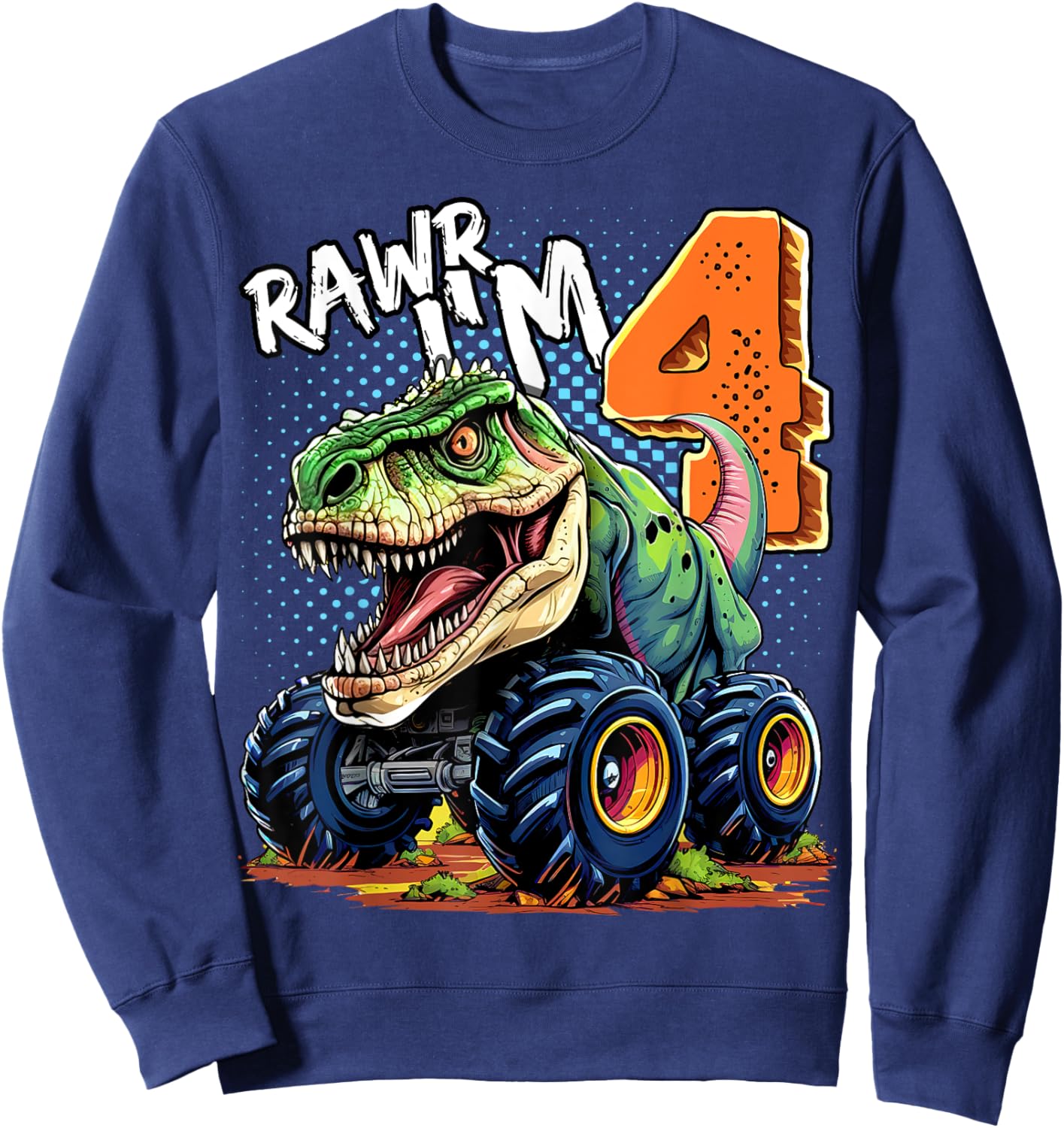 Monster Truck Dinosaur T-Rex 4th Birthday Boy 4 Year Old Sweatshirt - Sweatshirt | Navy