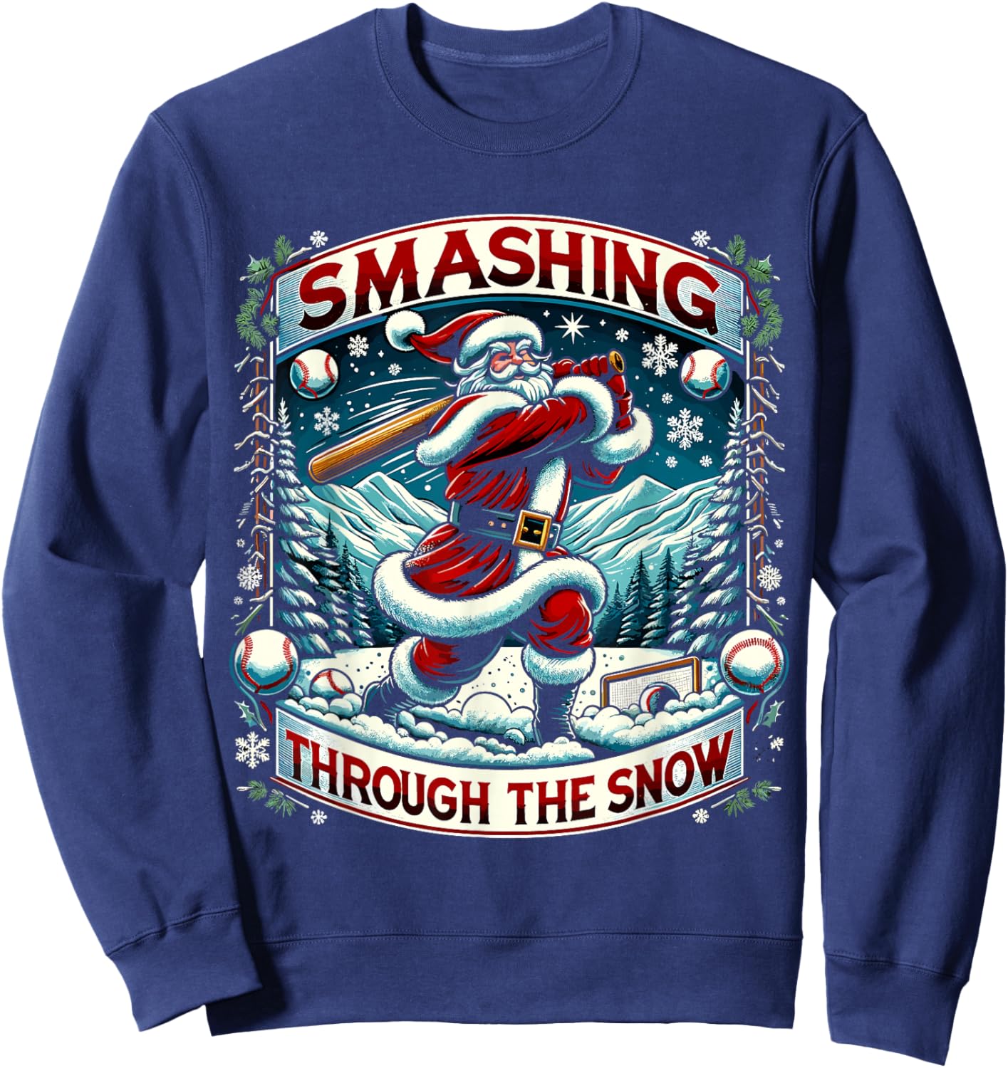 Smashing Through The Snow Boys Baseball Lifestyle Santa Sweatshirt - Sweatshirt | Navy