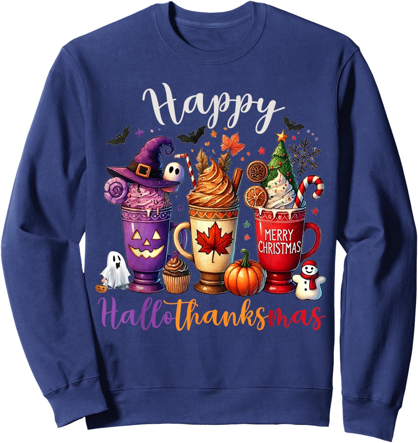 Happy Hallothanksmas Coffee Lover Halloween Merry Christmas Sweatshirt - Sweatshirt | Navy