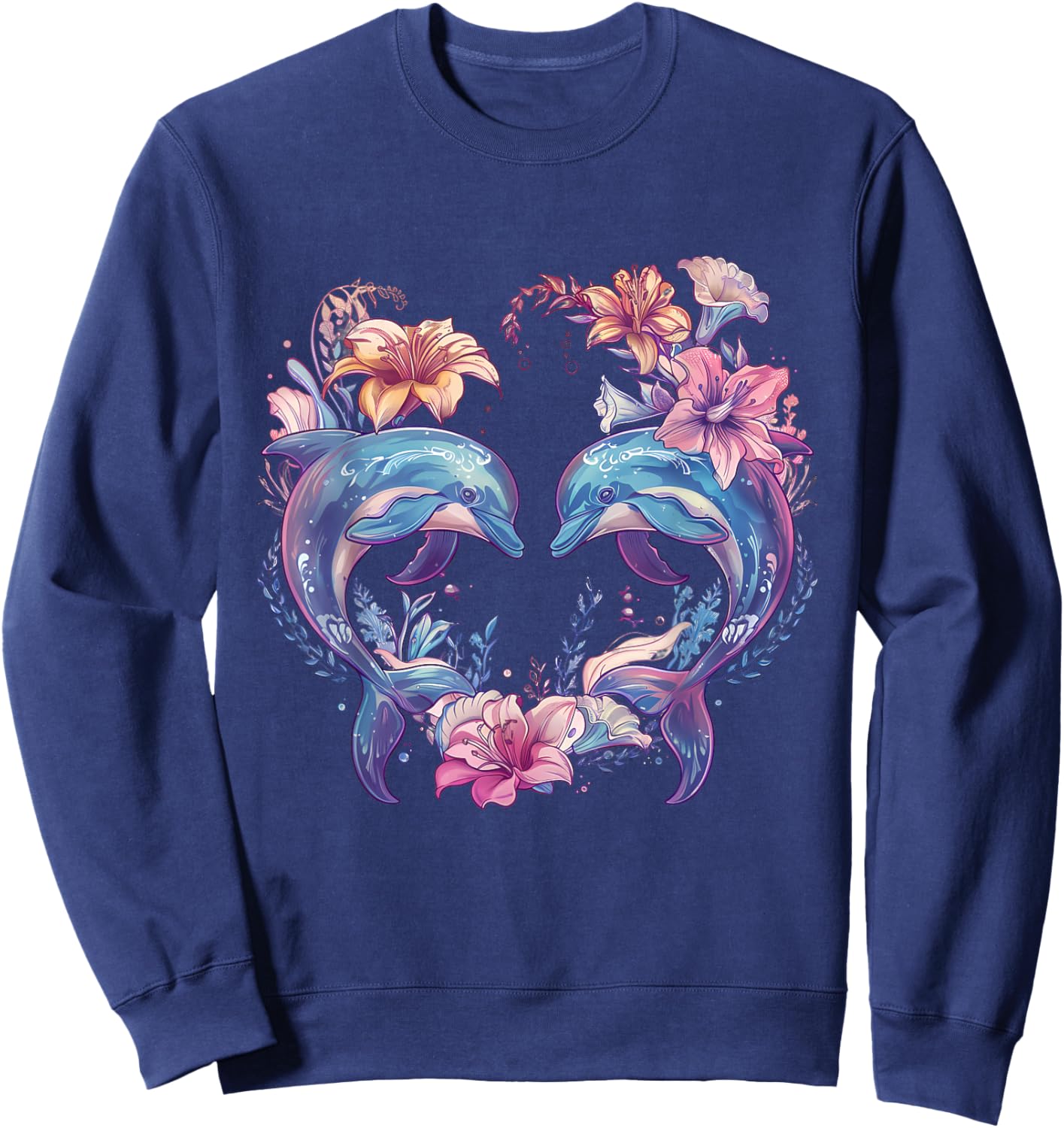 Dolphin Floral Motif Dolphin Lover Sea Ocean Animal Sweatshirt - Sweatshirt | Navy