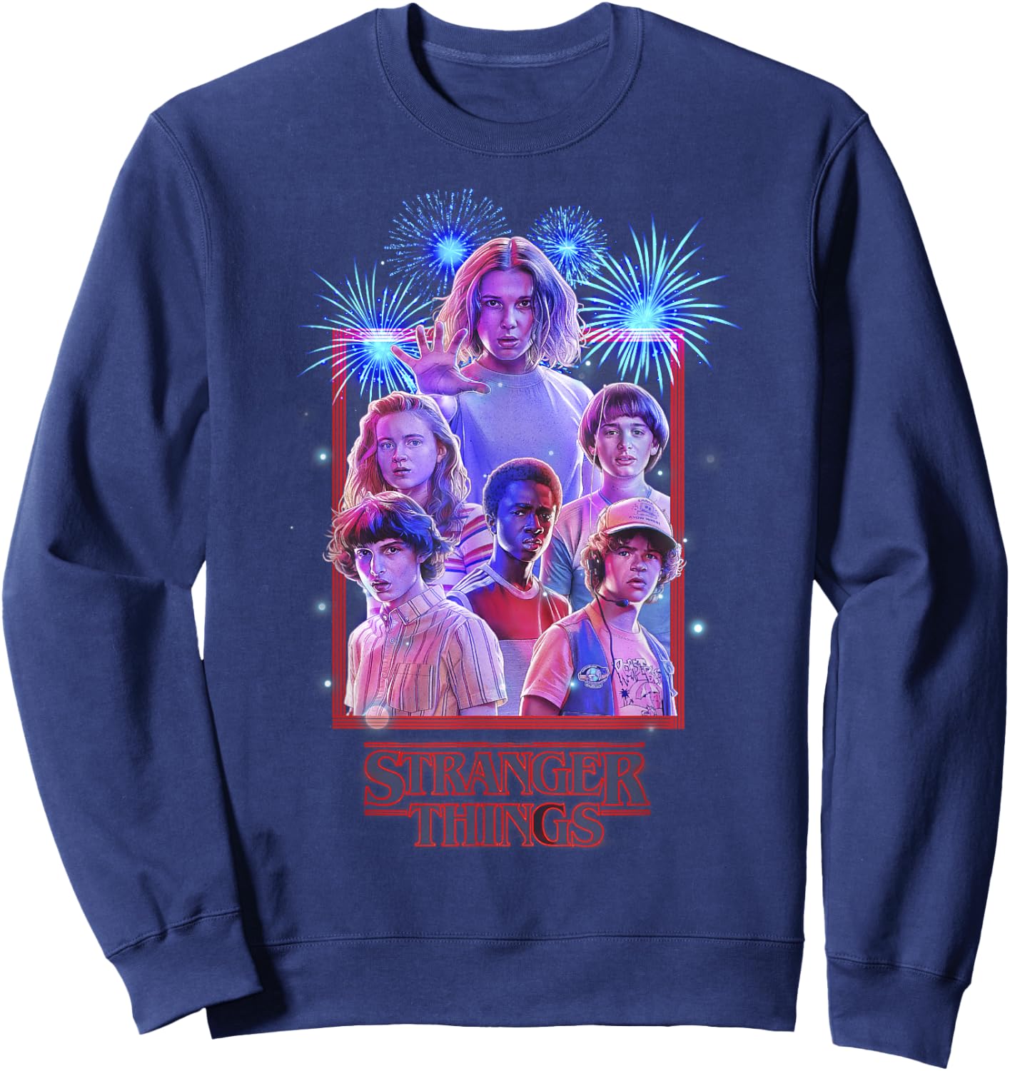 Netflix Stranger Things Group Shot Fireworks Poster Sweatshirt - Sweatshirt | Navy