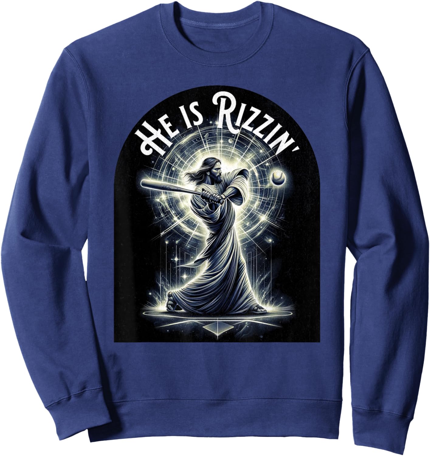 He is Rizzin Jesus Playing Baseball Funny Sports Rizz Sweatshirt - Sweatshirt | Navy
