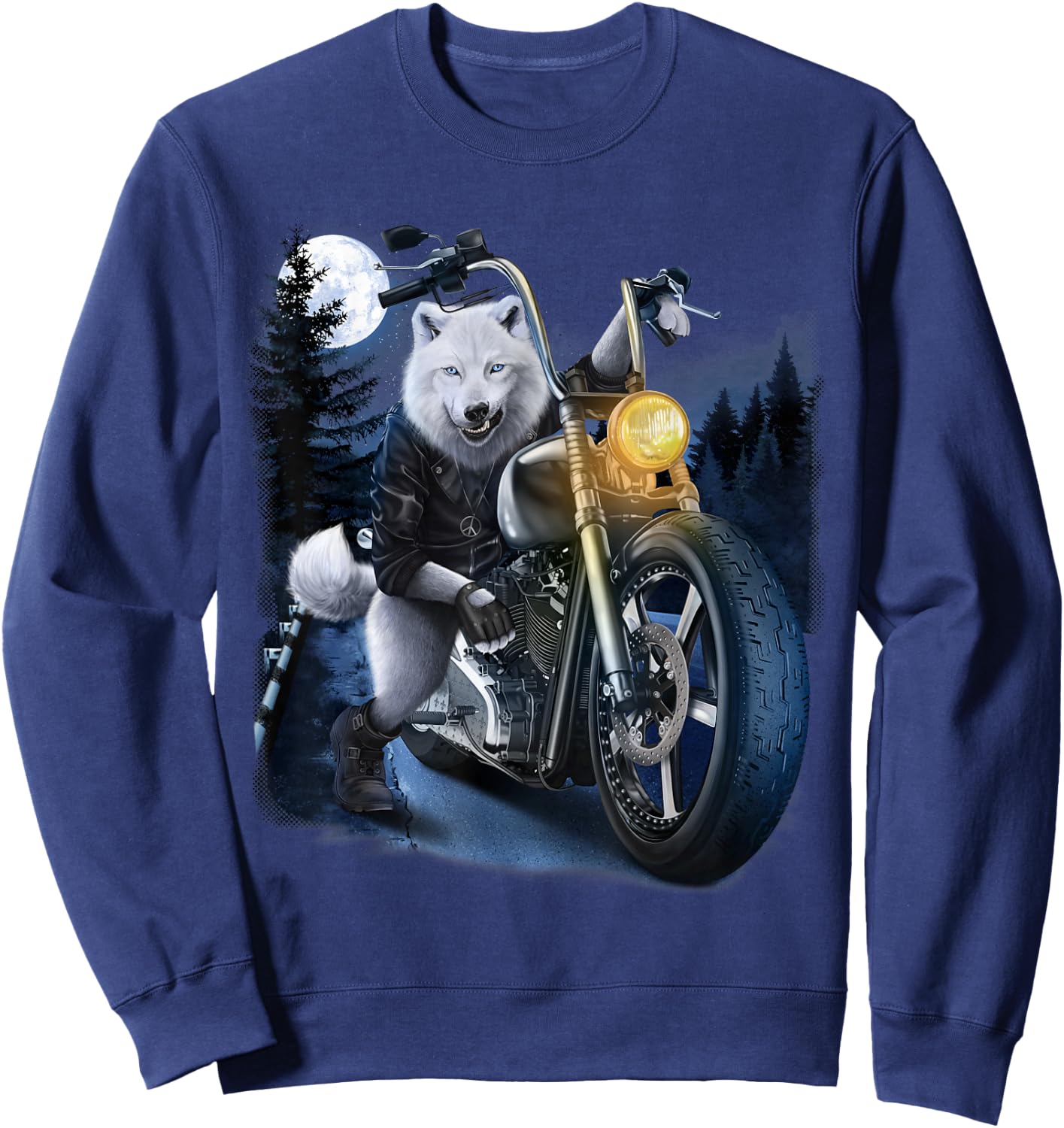 Wolf Riding Chopper Motorcycle in Full Moon Sweatshirt - Sweatshirt | Navy