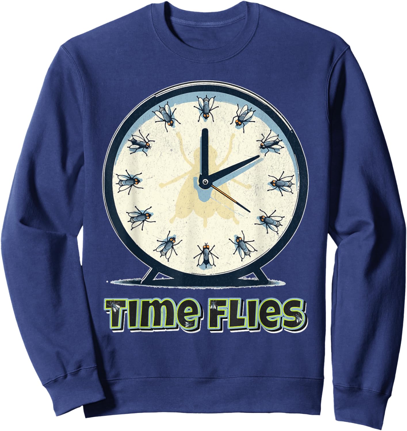 Time Flies Funny Clock Graphic Flying Bugs Pun Sweatshirt - Sweatshirt | Navy