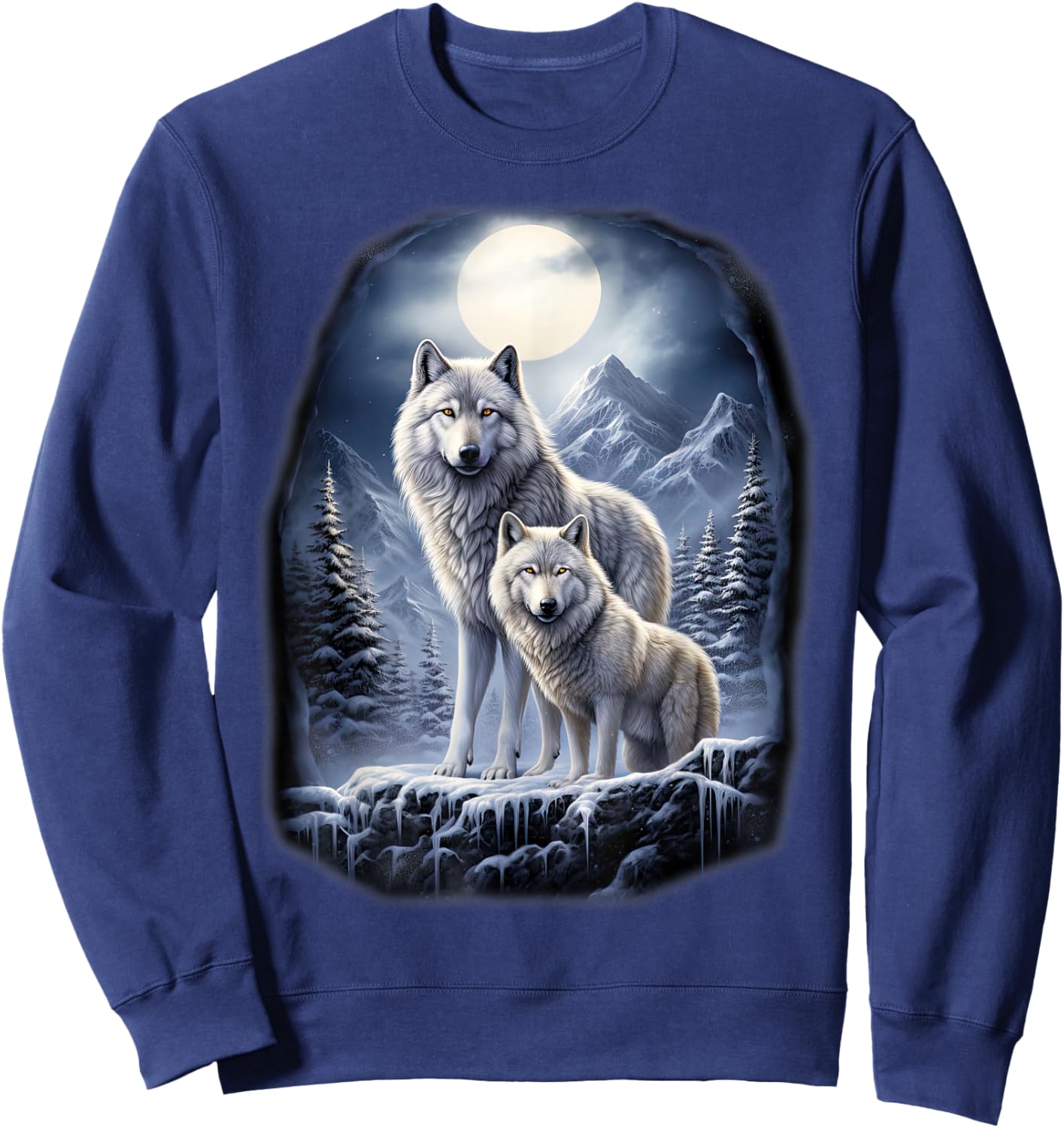 2 Wölfe auf eisigem Hügel in den Bergen vor dem Mond Sweatshirt - Sweatshirt | Navy