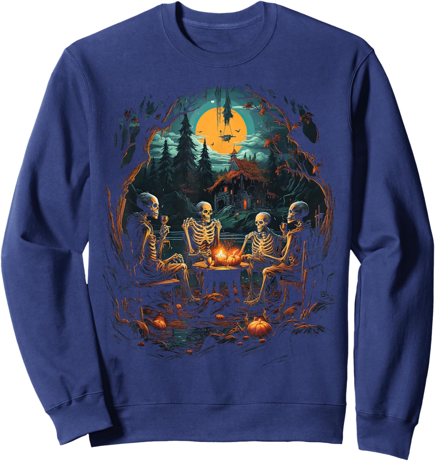 Vintage Ghost and Skeleton by Fire Camping Gothic Halloween Sweatshirt - Sweatshirt | Navy