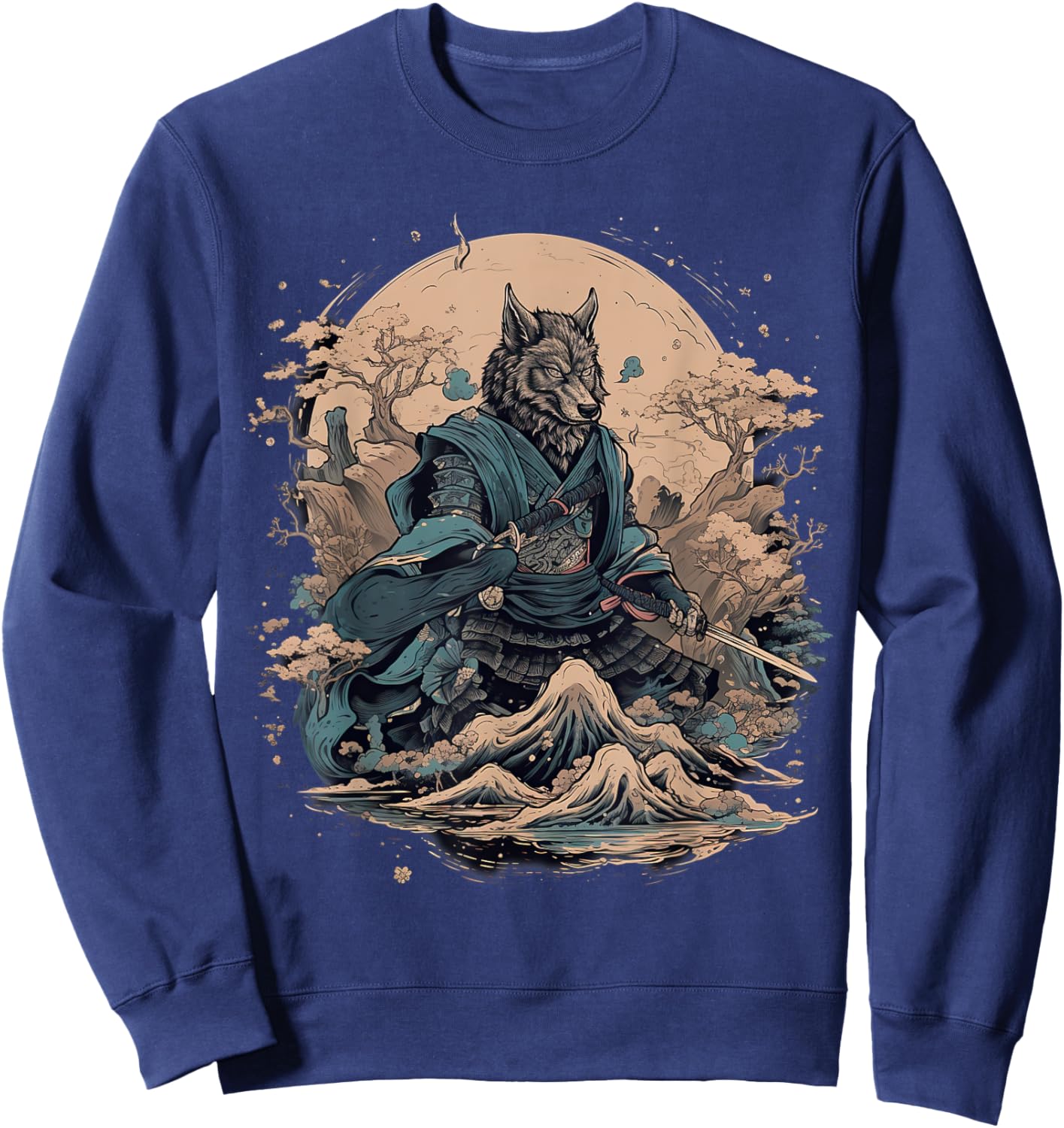 Vintage Japanese Art Samurai Wolf Sweatshirt - Sweatshirt | Navy