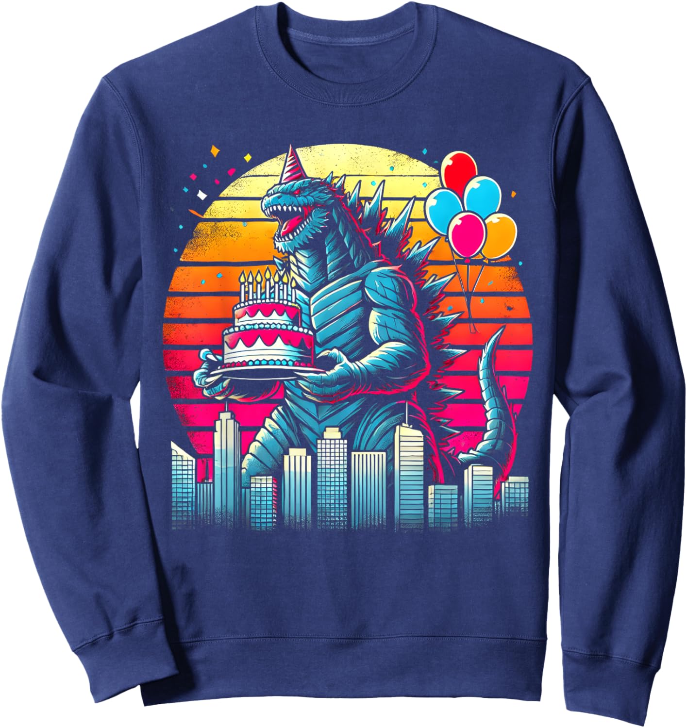 Kaiju Balloon And Cake Funny Japanese Monster Lover Birthday Sweatshirt - Sweatshirt | Navy