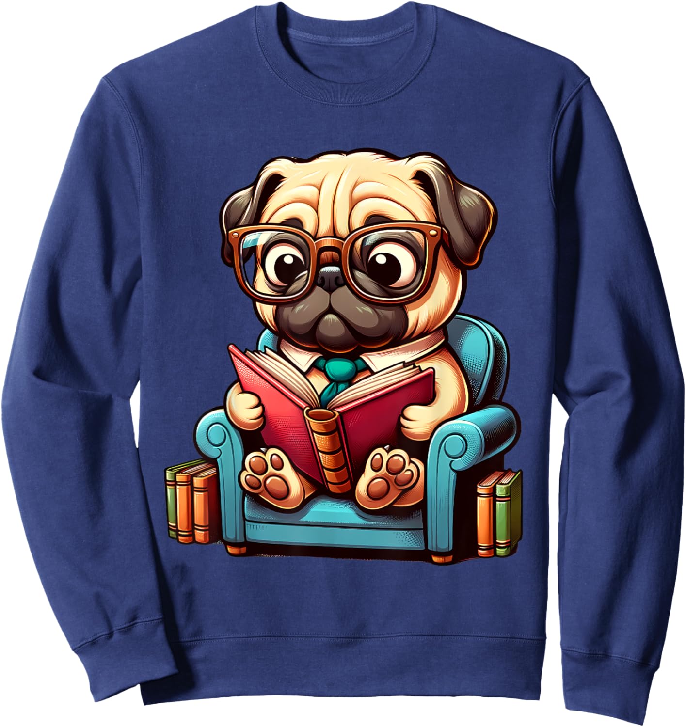 Pug Reading a Book Dog Men Women Girls Kids Sweatshirt - Sweatshirt | Navy