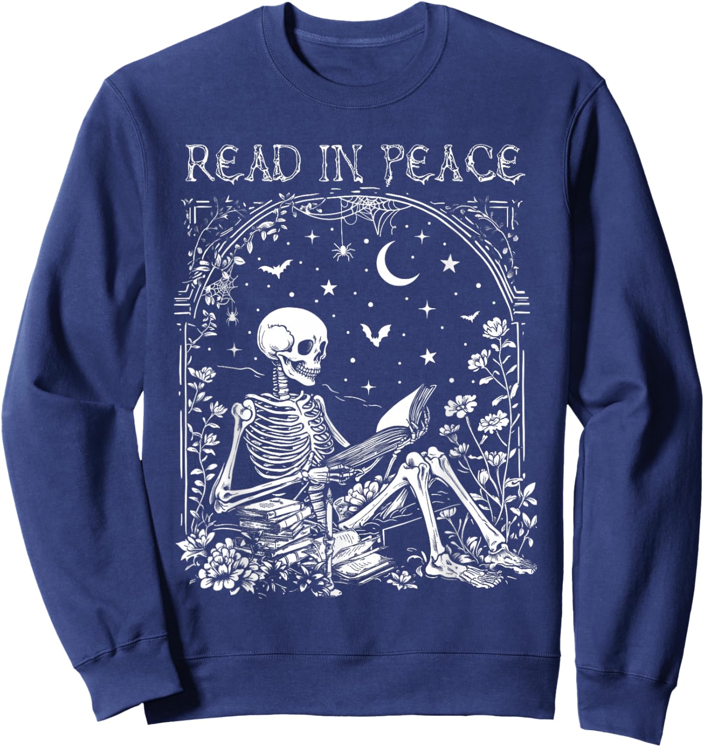 Read In Peace Skeleton Reading Teacher Spooky Halloween Sweatshirt - Sweatshirt | Navy