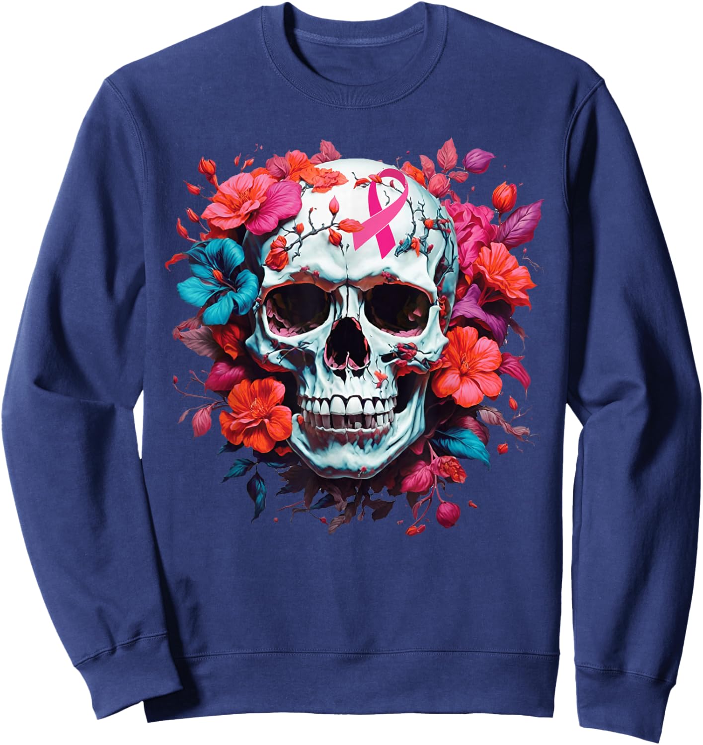 Breast Cancer Skull Shirt Sugar Skull Pink Ribbon Sweatshirt - Sweatshirt | Navy