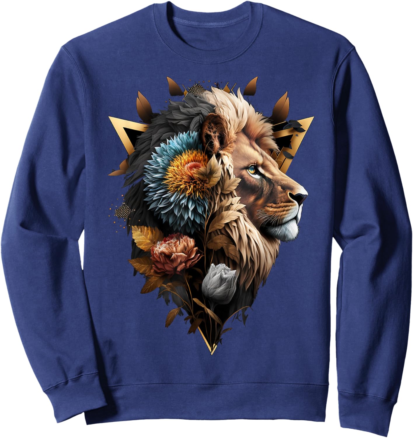 Lion Flowers Artwork Animal Print Art Lion Motif Sweatshirt - Sweatshirt | Navy