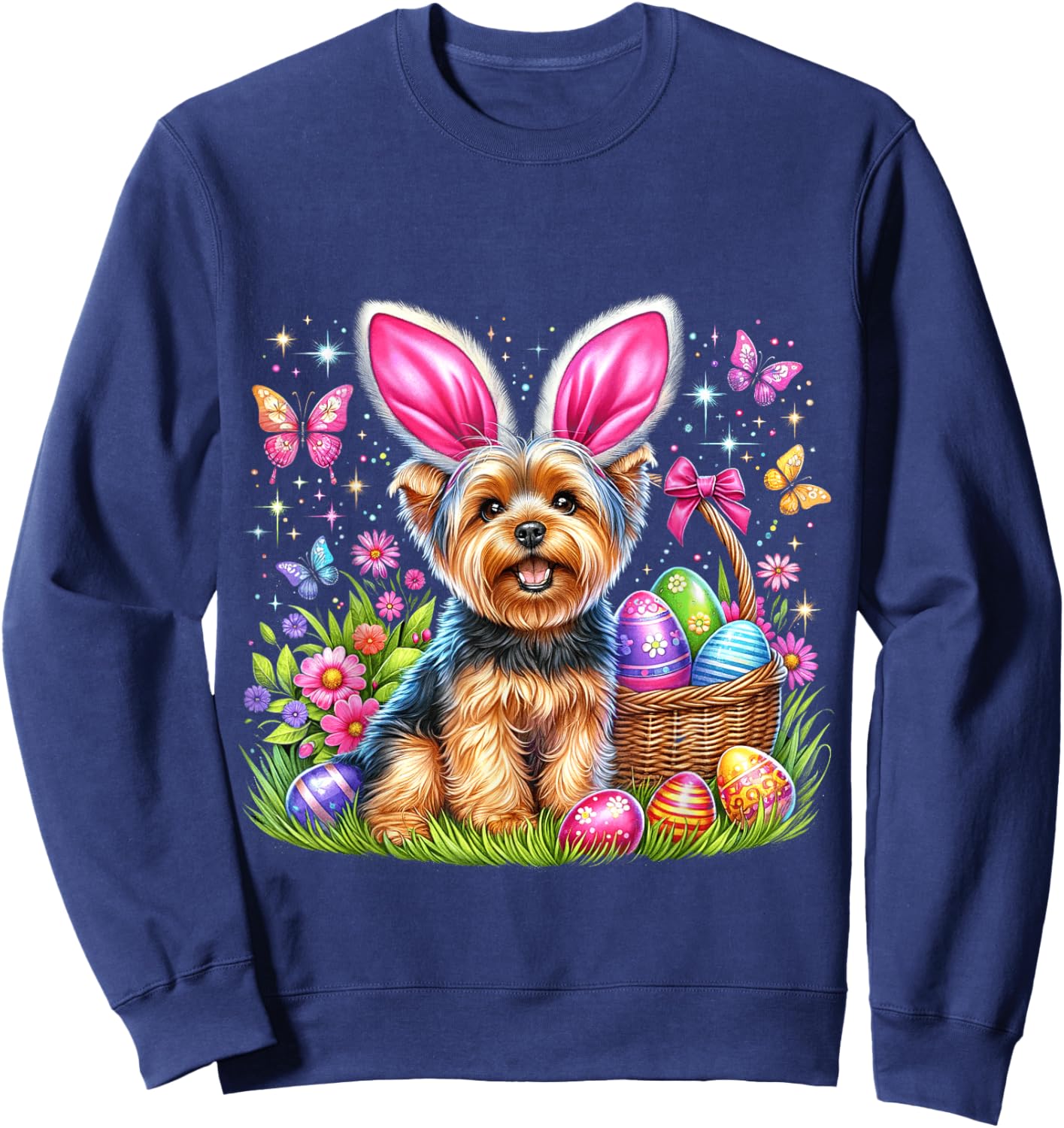 Cute Bunny Yorkshire Terrier Dog Easter Eggs Basket Men Women Kids Sweatshirt - Sweatshirt | Navy