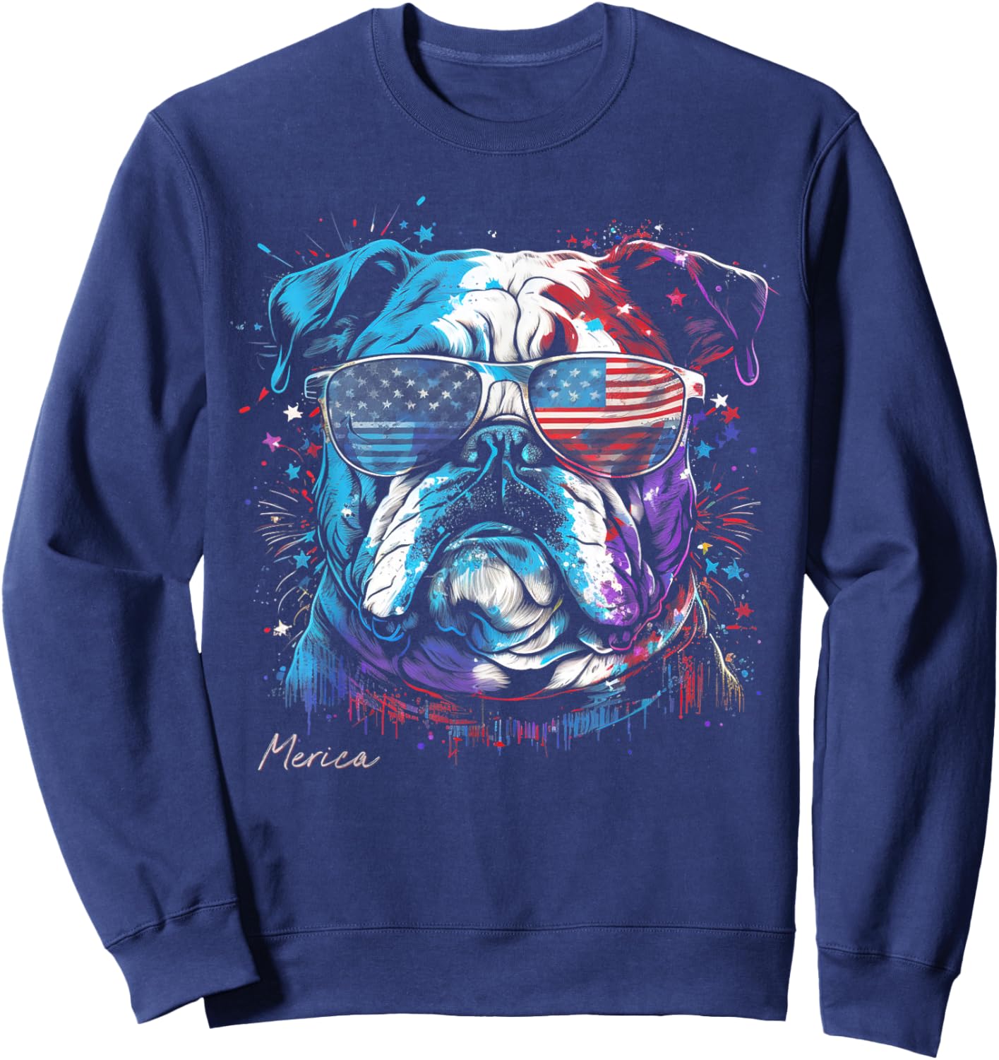 English Bulldog Dog 4th of July American Flag USA Funny Women Kids Men Sweatshirt - Sweatshirt | Navy
