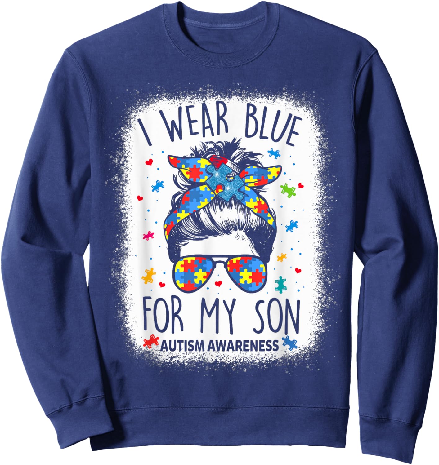 Autism Awareness shirt Mom Messy Bun I Wear Blue For My Son Sweatshirt - Sweatshirt | Navy