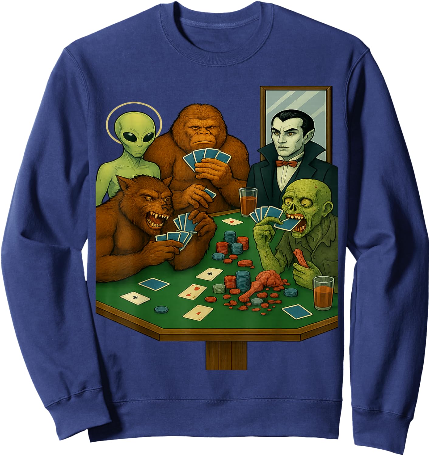 Sasquatch Alien Monsters Playing Cards Poker Funny Sweatshirt - Sweatshirt | Navy