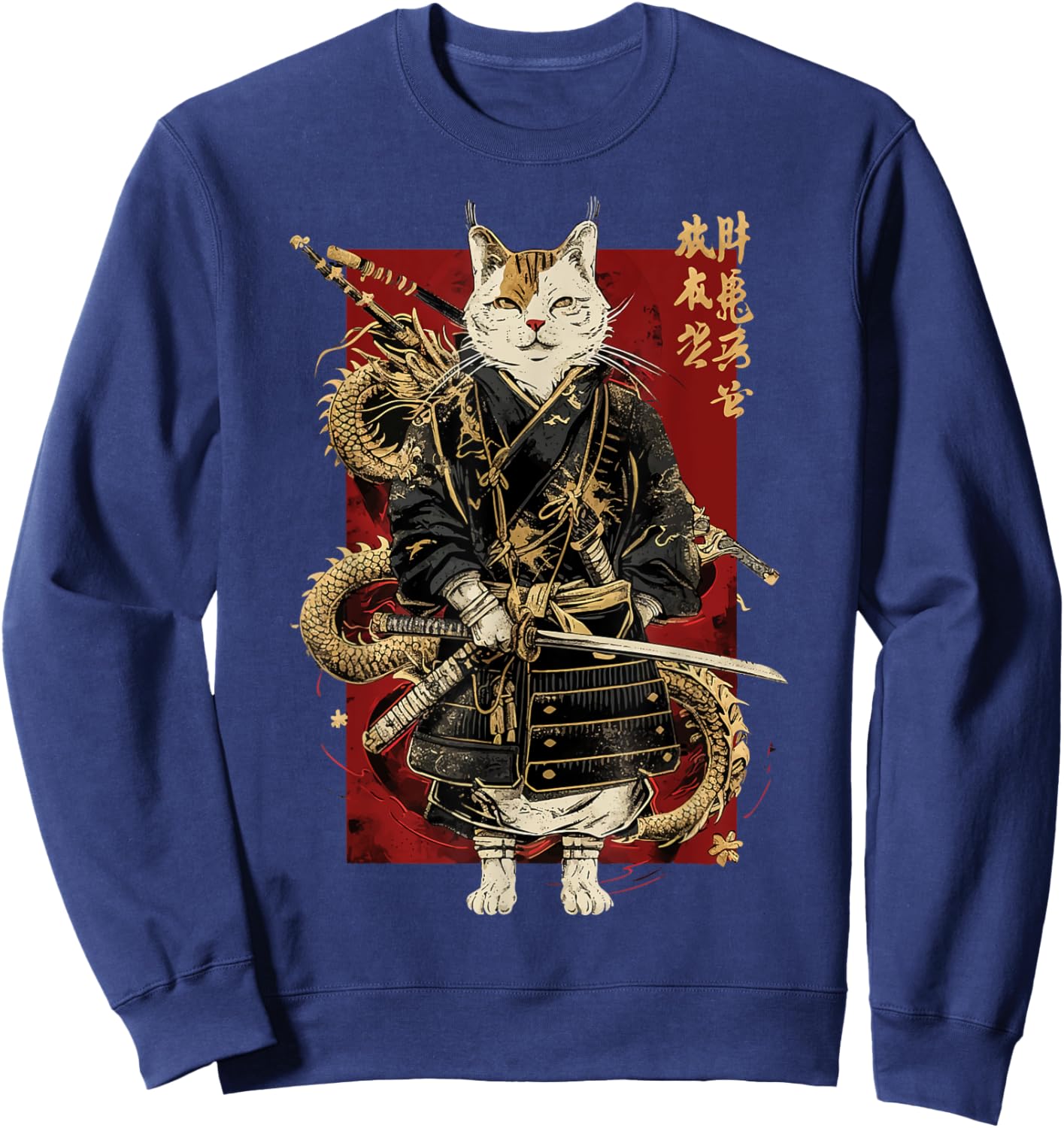 Samurai Cat with Dragon Japanese Kanji, Japan art lover Women Girls Kids Sweatshirt - Sweatshirt | Navy