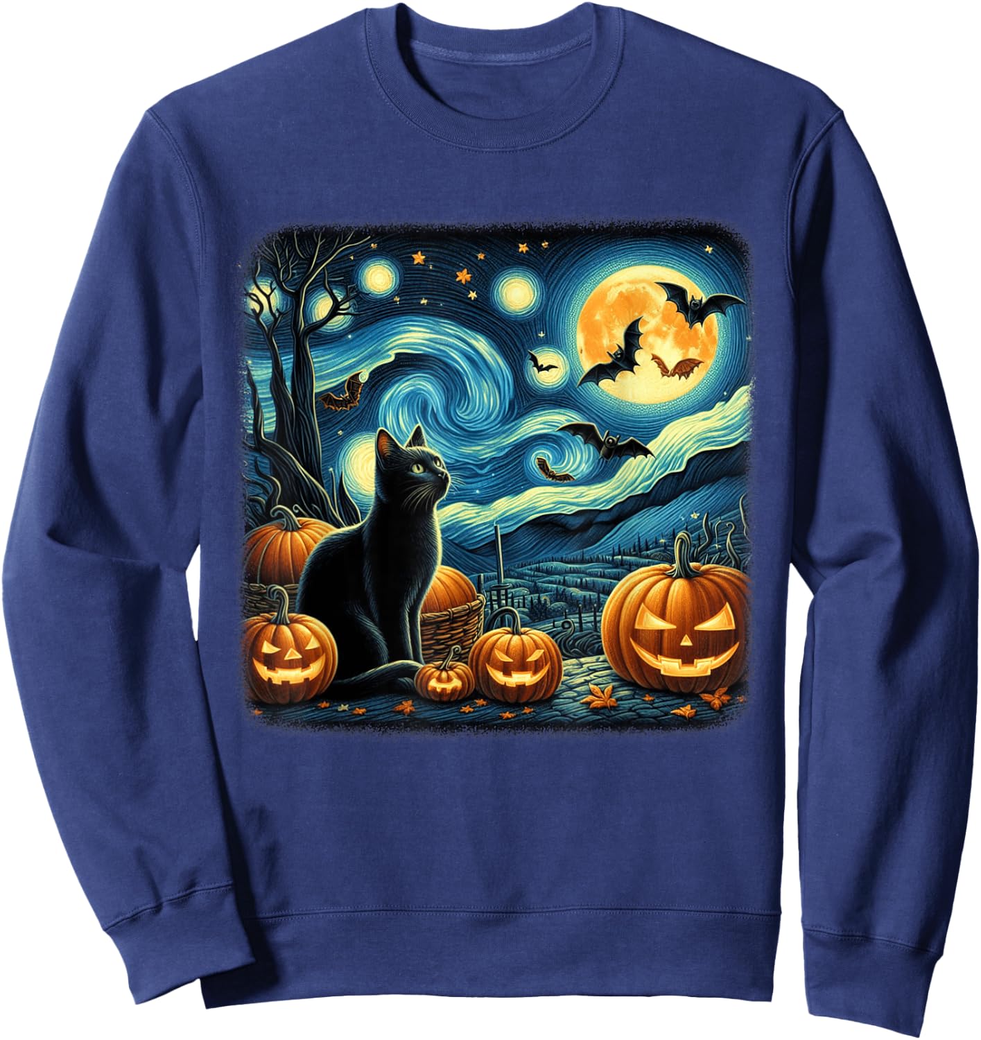 Van Gogh Cat Starry Night Black Cat Halloween Cat Lovers Men Women Kids Sweatshirt - Sweatshirt | Navy