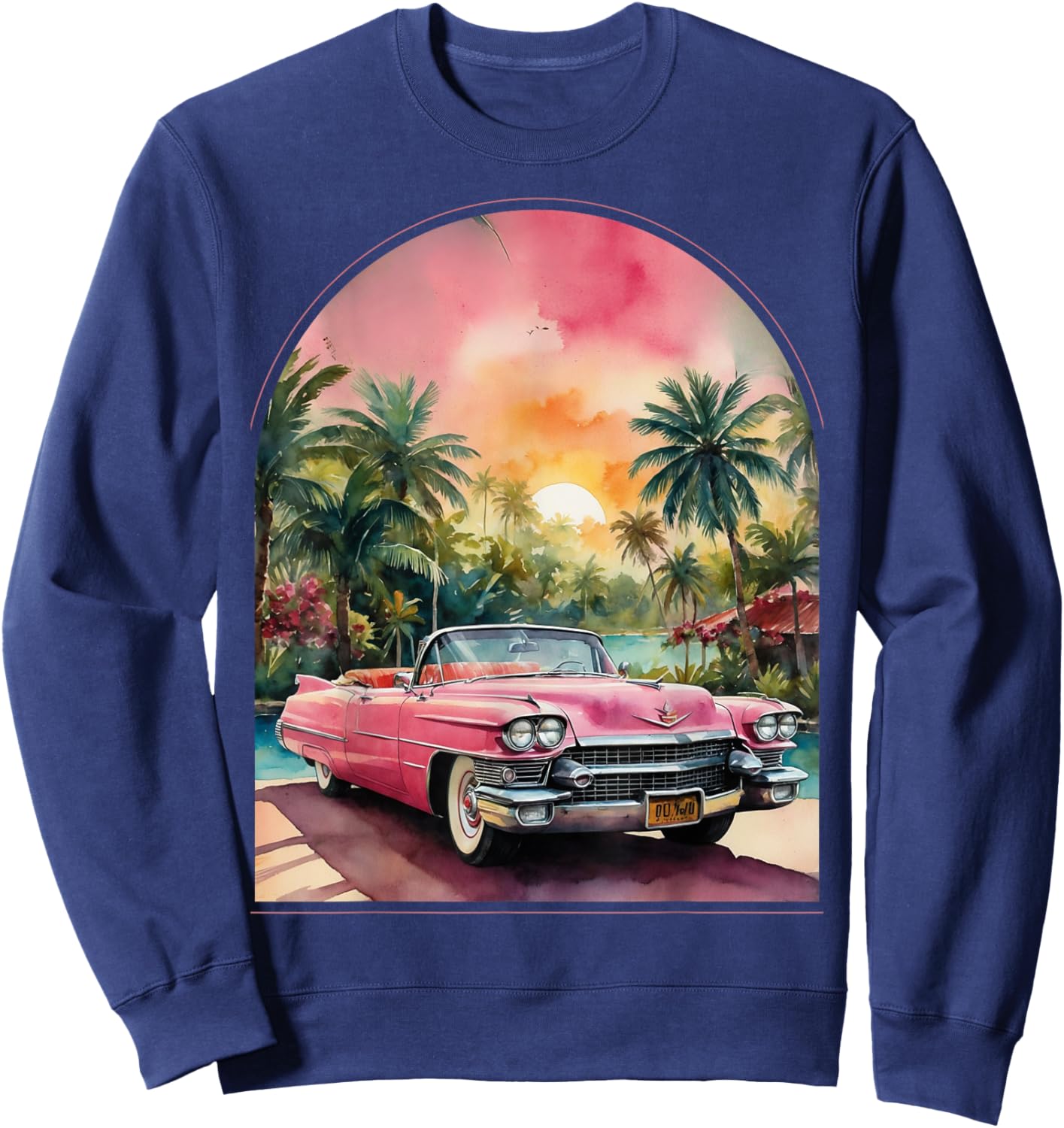 Old School Cadillac Pink | Watercolor | Palm Trees | Exotic Sweatshirt - Sweatshirt | Navy