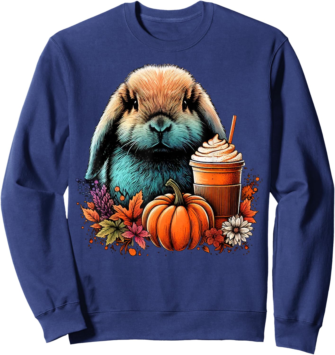 Holland Lop Rabbit Pumpkin Spice Latte Lovers Bunny Autumn Sweatshirt - Sweatshirt | Navy