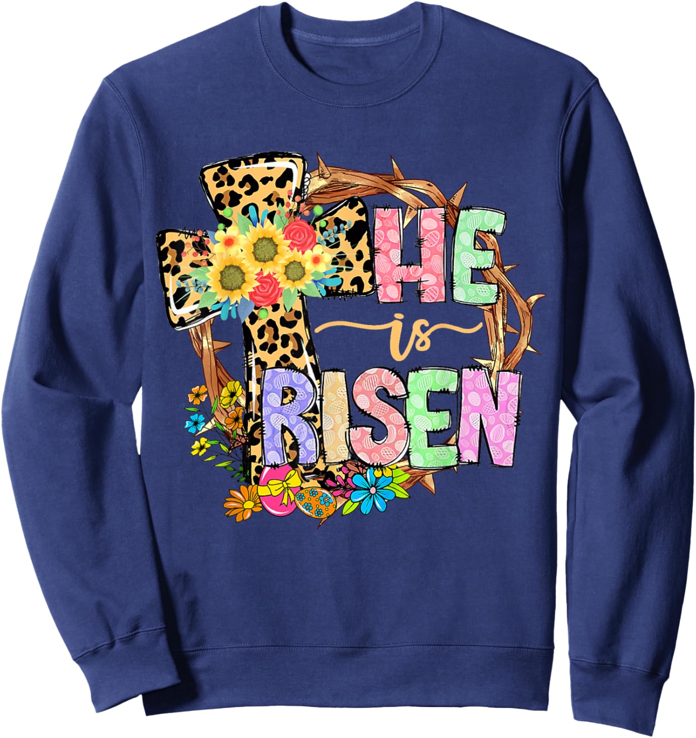 He Is Risen Floral Jesus Easter Day Christians Leopard Cross Sweatshirt - Sweatshirt | Navy