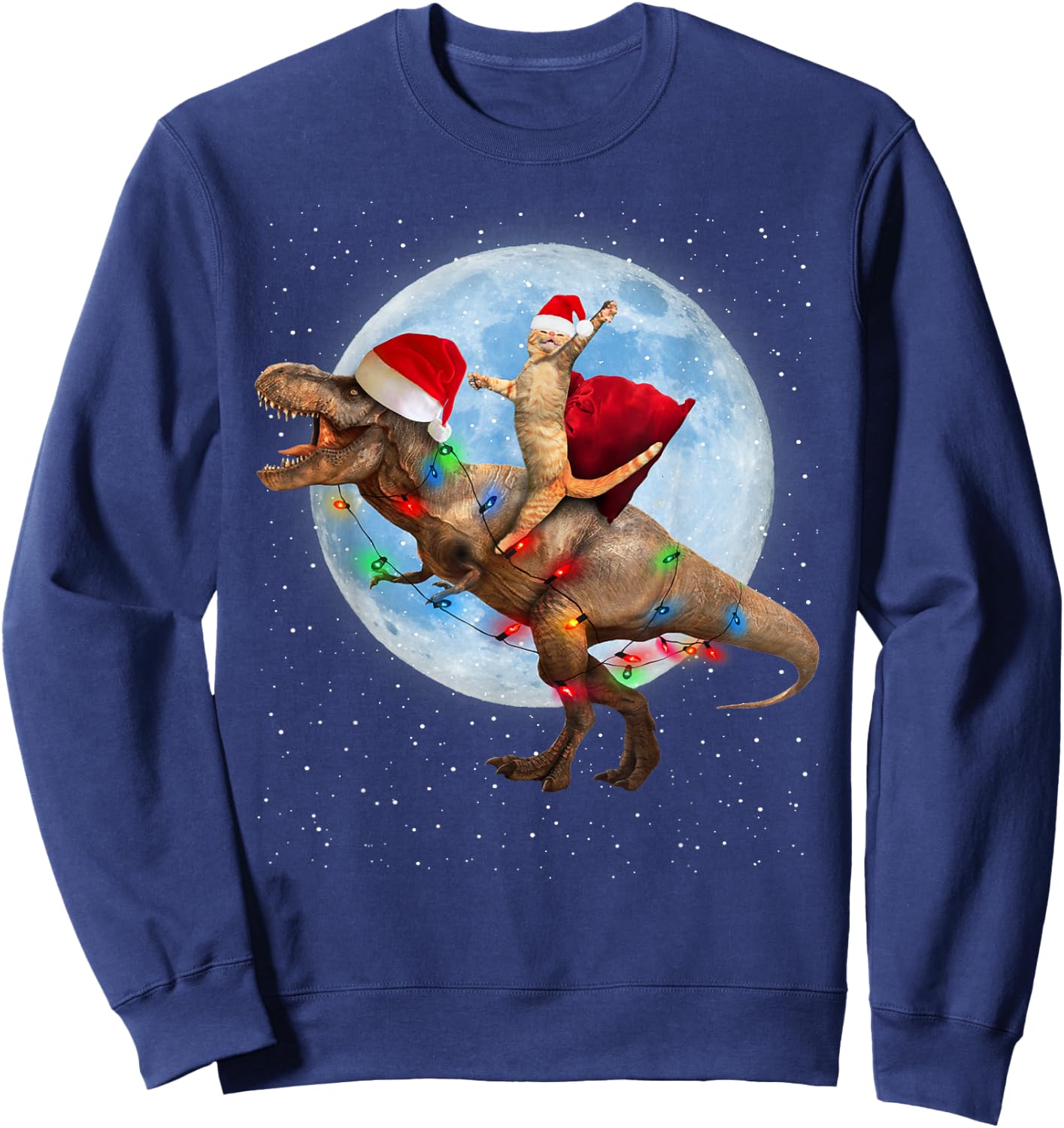 Cat Santa Hat Riding Dinosaur T rex Moon Christmas Xmas Women Kids Sweatshirt - Sweatshirt | Navy