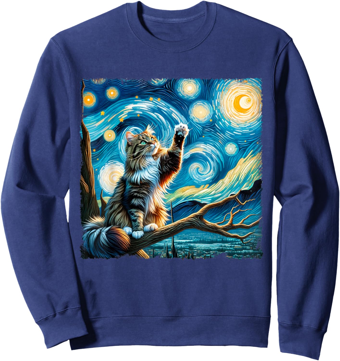 Vintage Cute Animals Cat Starry Night Kawai Norwegian Forest Men Women Kids Sweatshirt - Sweatshirt | Navy