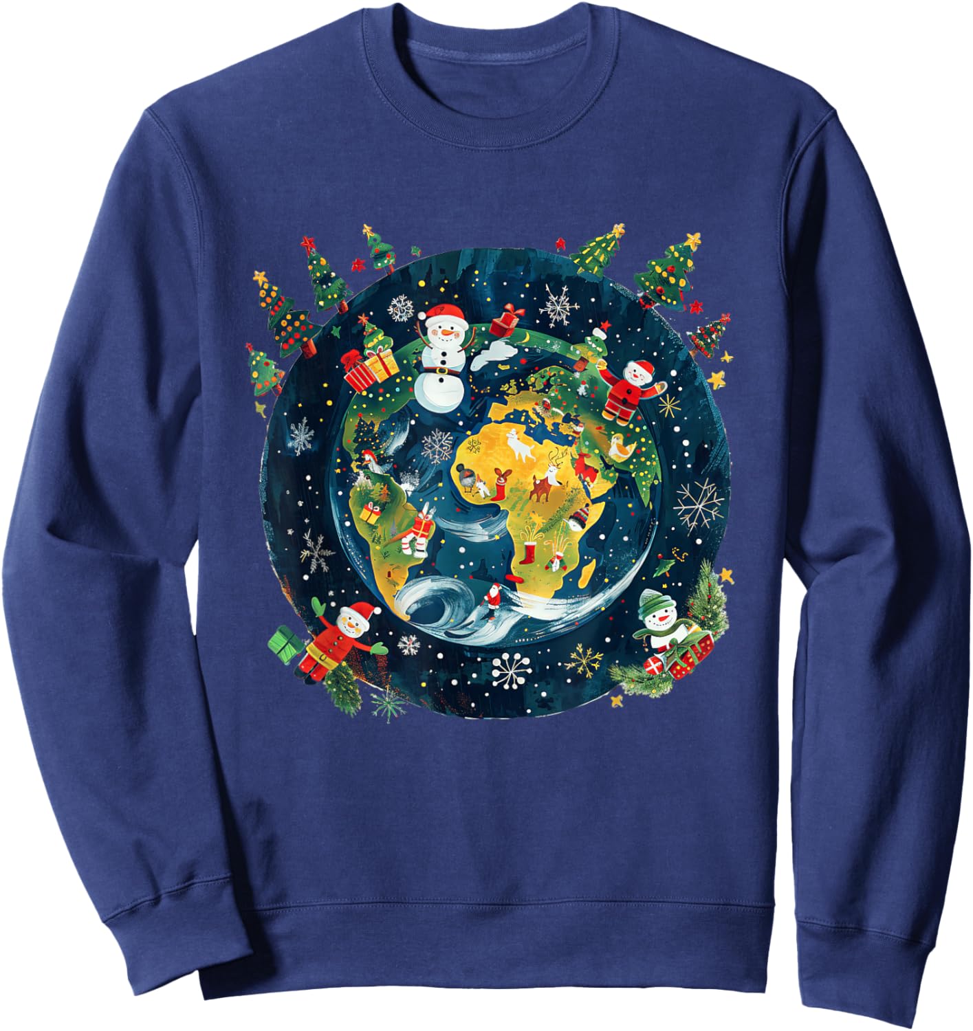 Global Xmas Celebration Apparel -Adults Christmas , Black, Small, Short Sleeve, Modern, Winter, Christmas Around the World Festive Winter Earth Design Sweatshirt - Sweatshirt | Navy