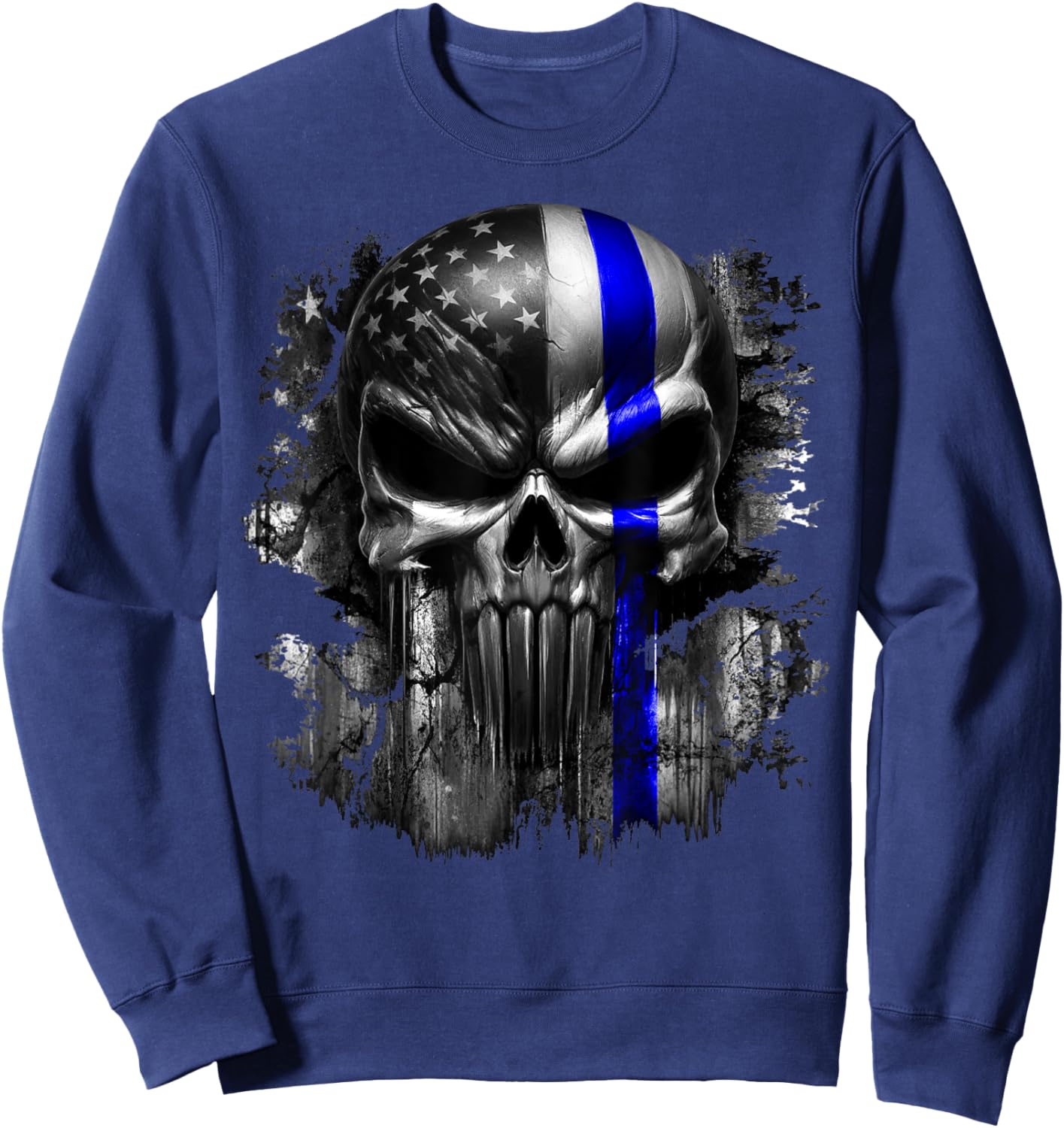 USA American Skull Patriotic Flag Blue Line Grunge Graphic Women Men Sweatshirt - Sweatshirt | Navy