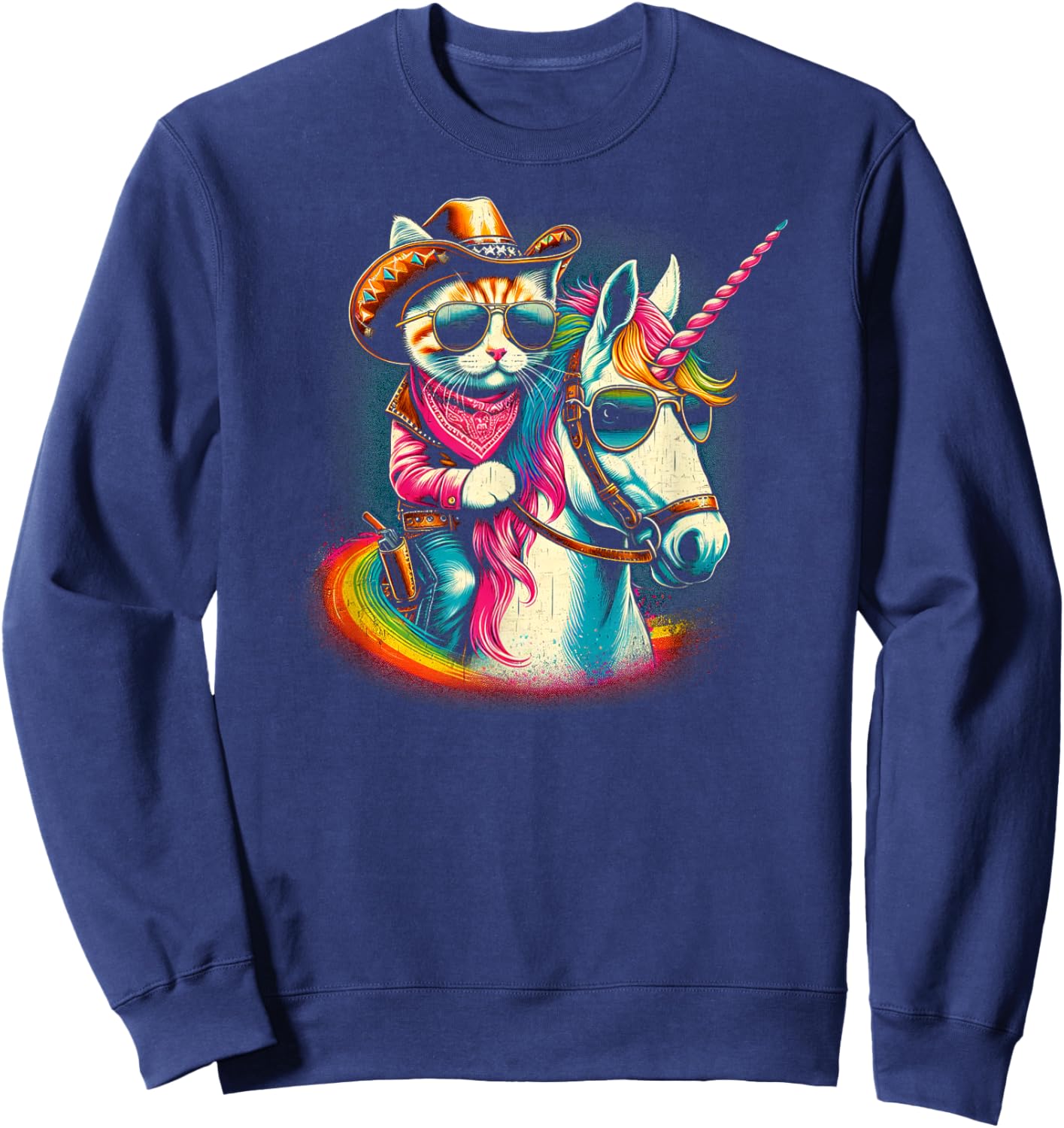 Whimsical Wear Cowboy Cat Riding Unicorn Fun Sweatshirt - Sweatshirt | Navy