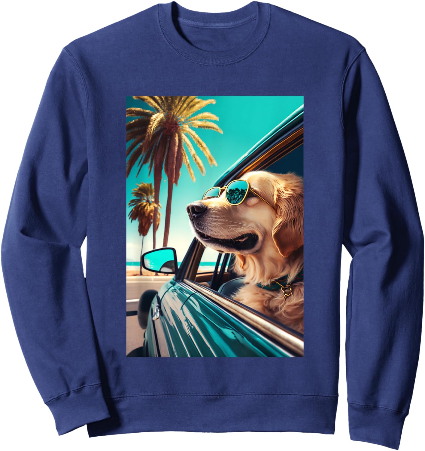 Golden Retriever Sunglasses Beach Palm Trees Summer Dog Sweatshirt - Sweatshirt | Navy